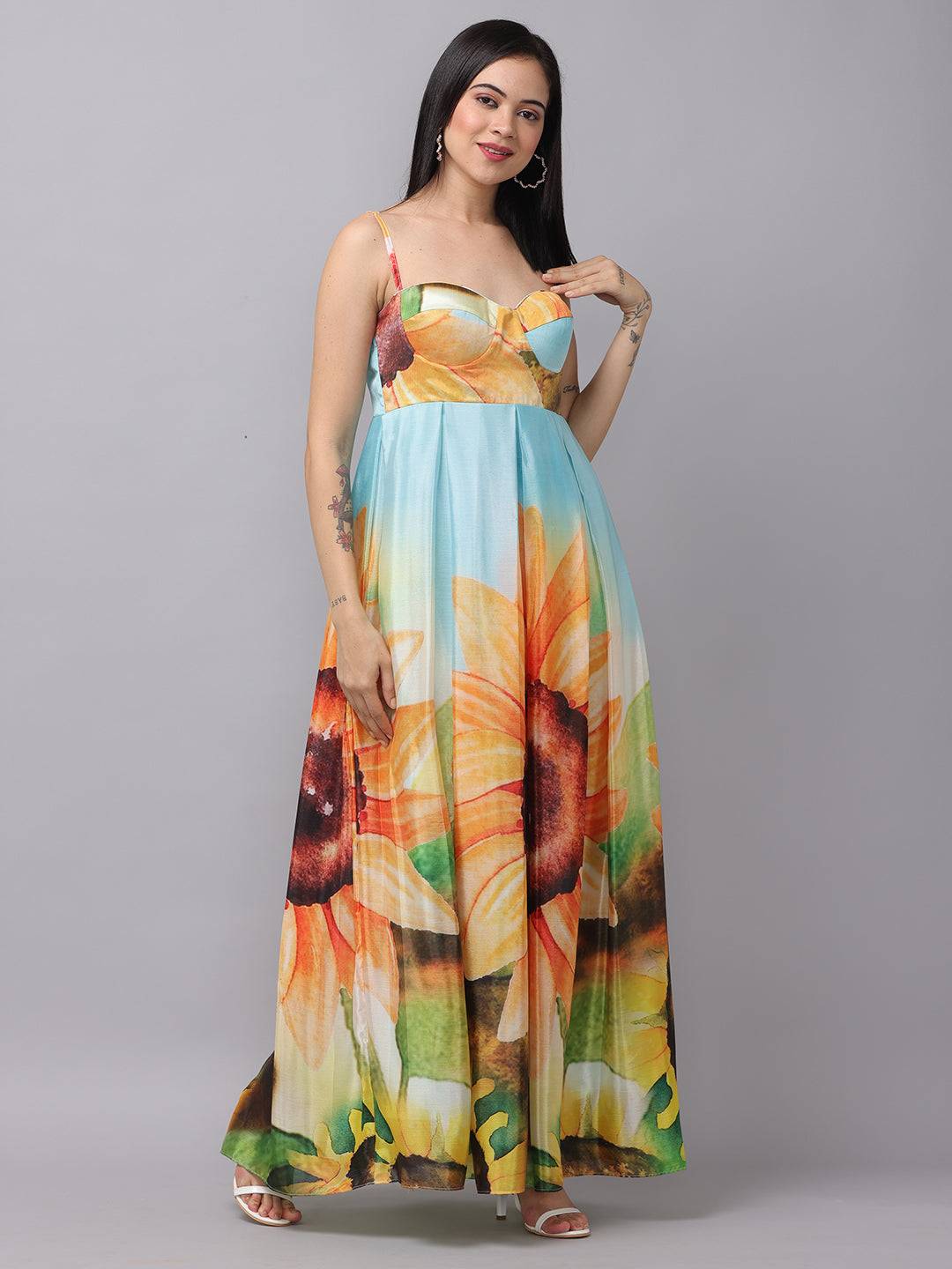 Multi Color Floral Print Long Dress