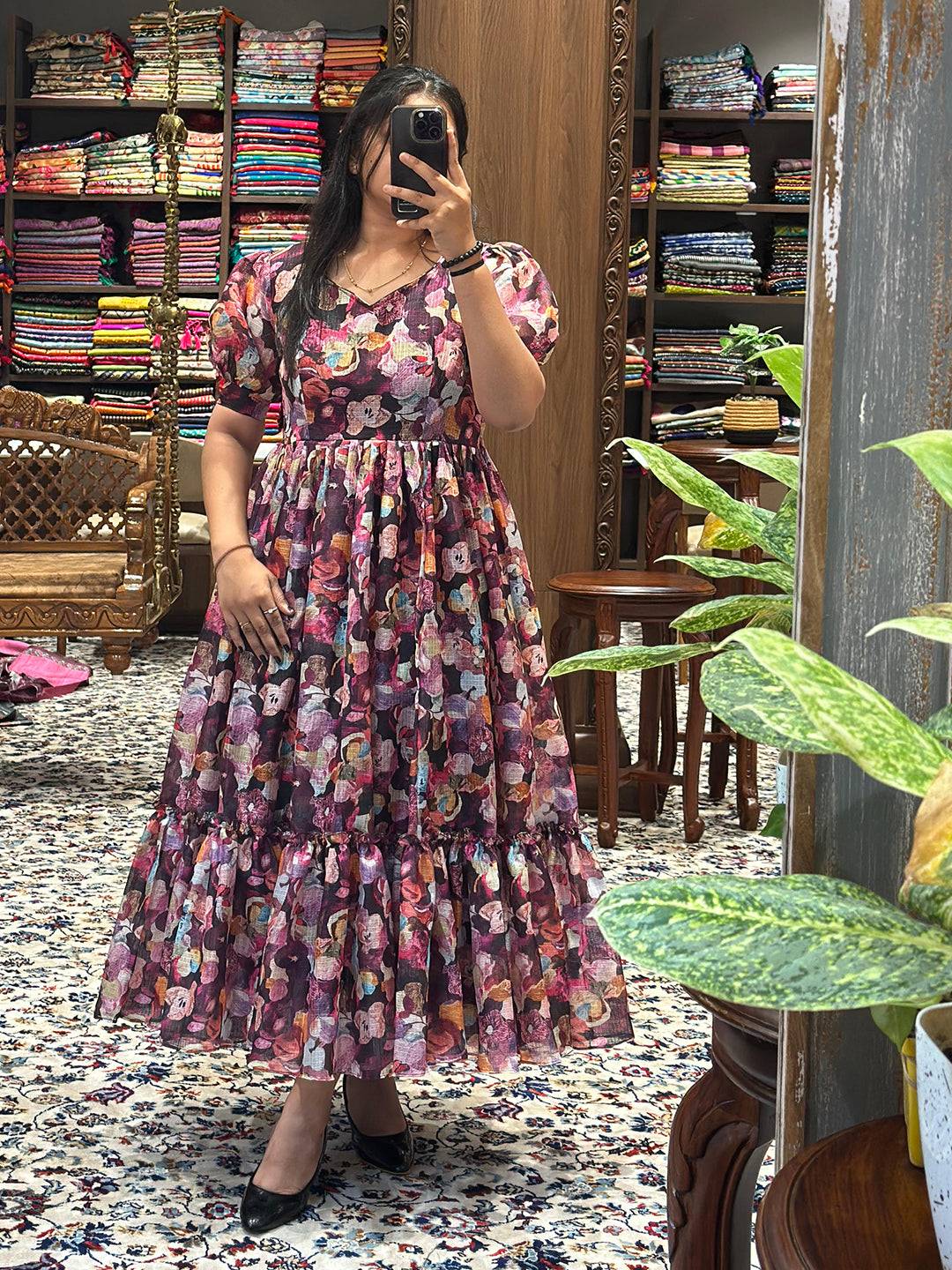 Charming Sumathi Burgundy Floral Midi Dress in store