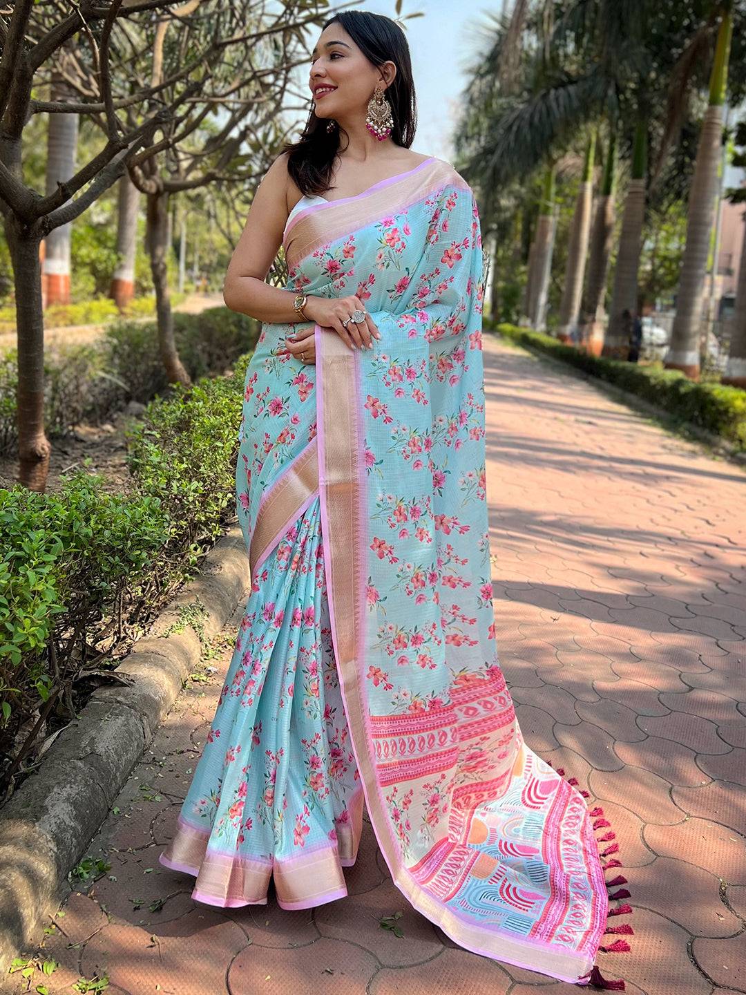 Aqua Kota With Digital Floral Printed Saree