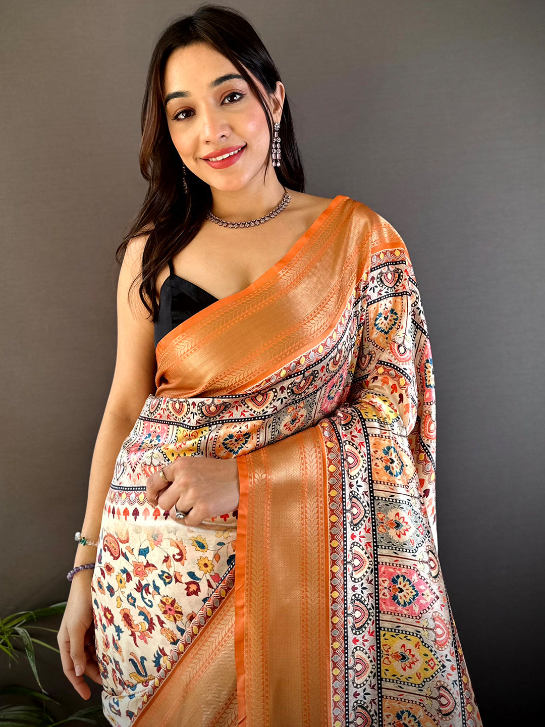 Light Orange Mughal Kalamkari Print Pashmina Saree