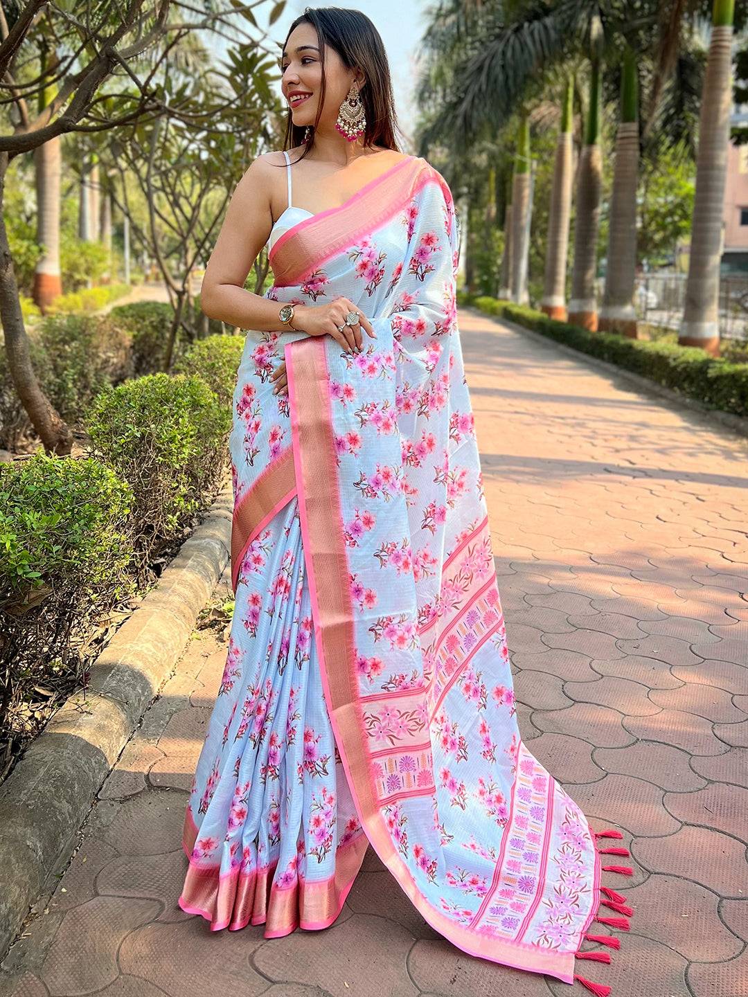 Light Blue Kota With Digital Floral Printed Saree 