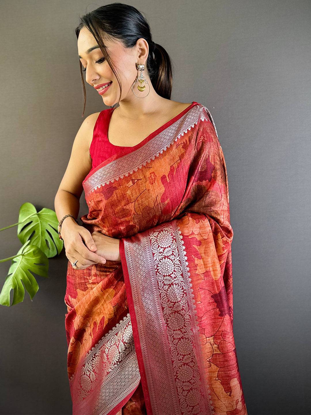 Red Zari Woven Floral Dola Silk Saree