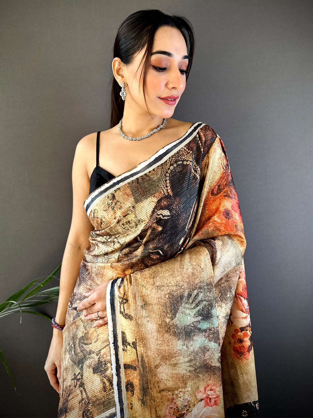 Orange Gold Zari Tussar Batik Print Saree