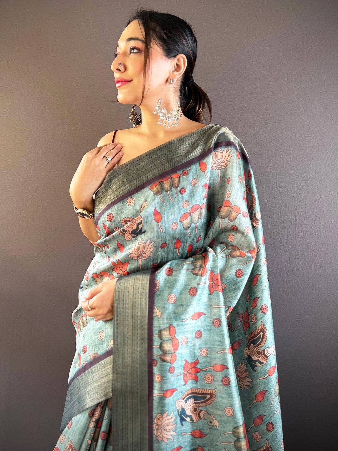 Sky Blue Kalamkari Tussar Silk Saree