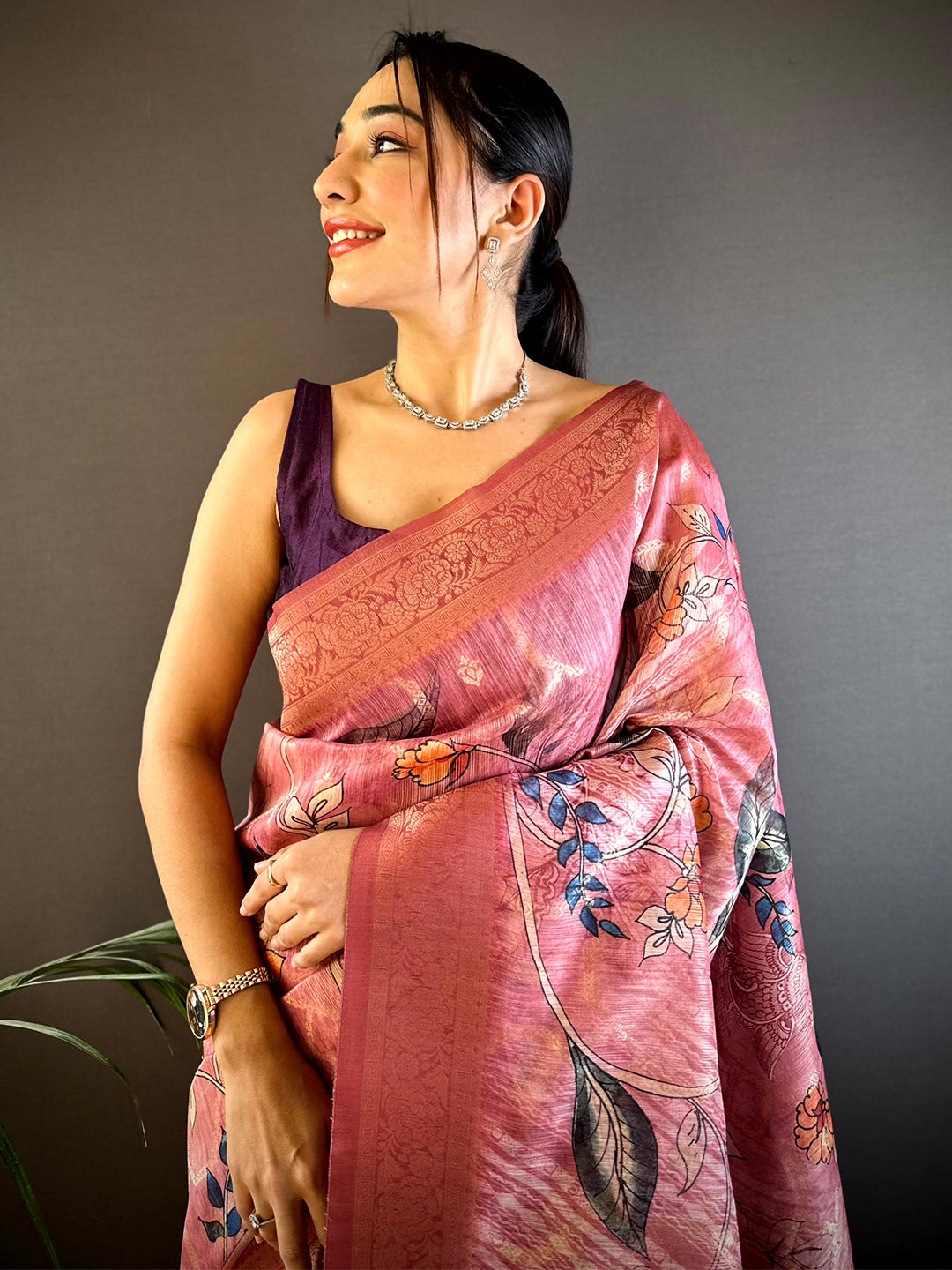 Peach Banarasi Kalamkari Print Saree