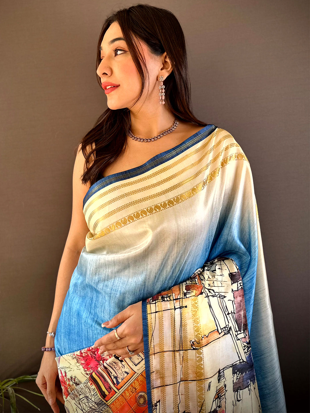 Blue Japanese Freehand Digital Print Saree