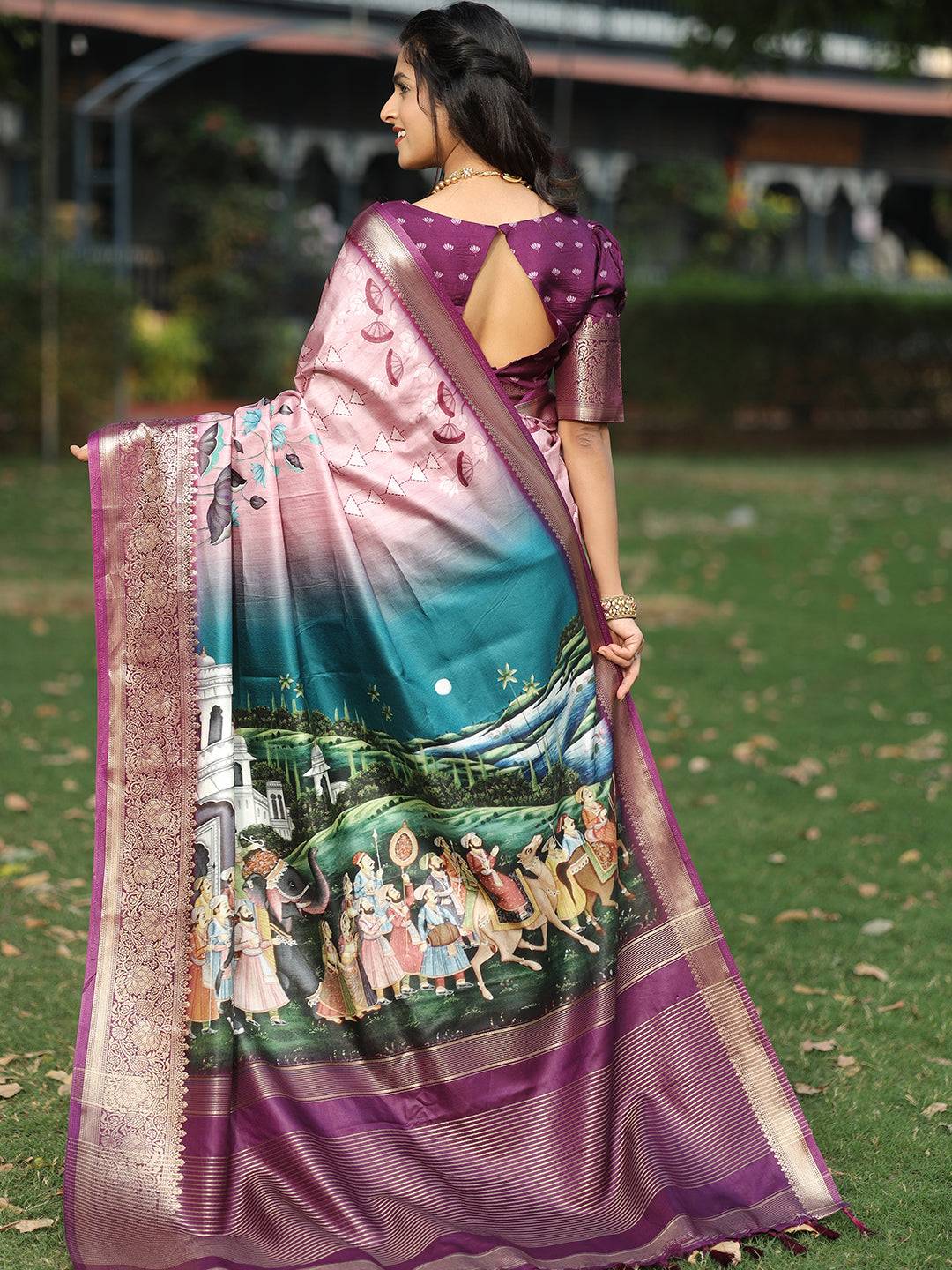 Viscose Dola Silk Pink Saree with Floral and Mughal Print