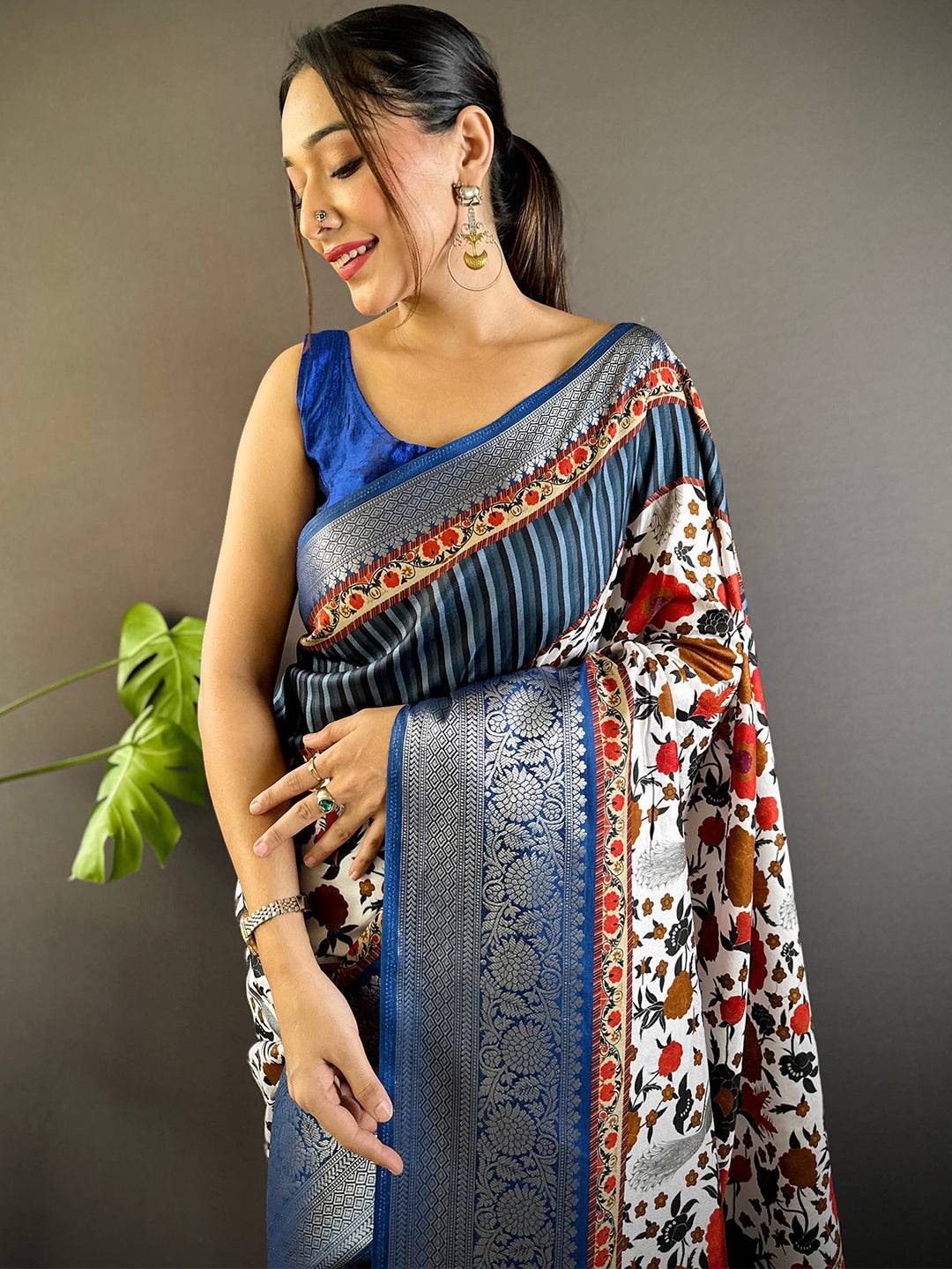 Blue Floral Peacock Fusion Saree