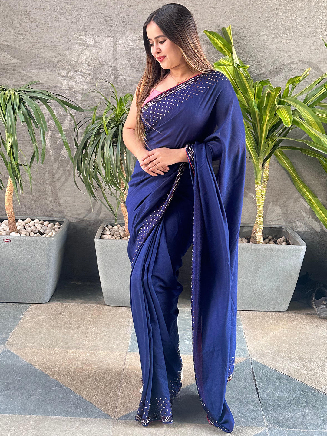 Navy Colour Vichitra Silk Saree with Swarovski Stones