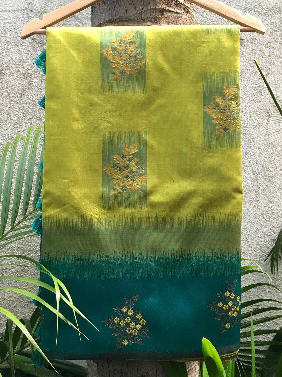 Lime Sami Banarasi Tussar Silk Saree hanging display