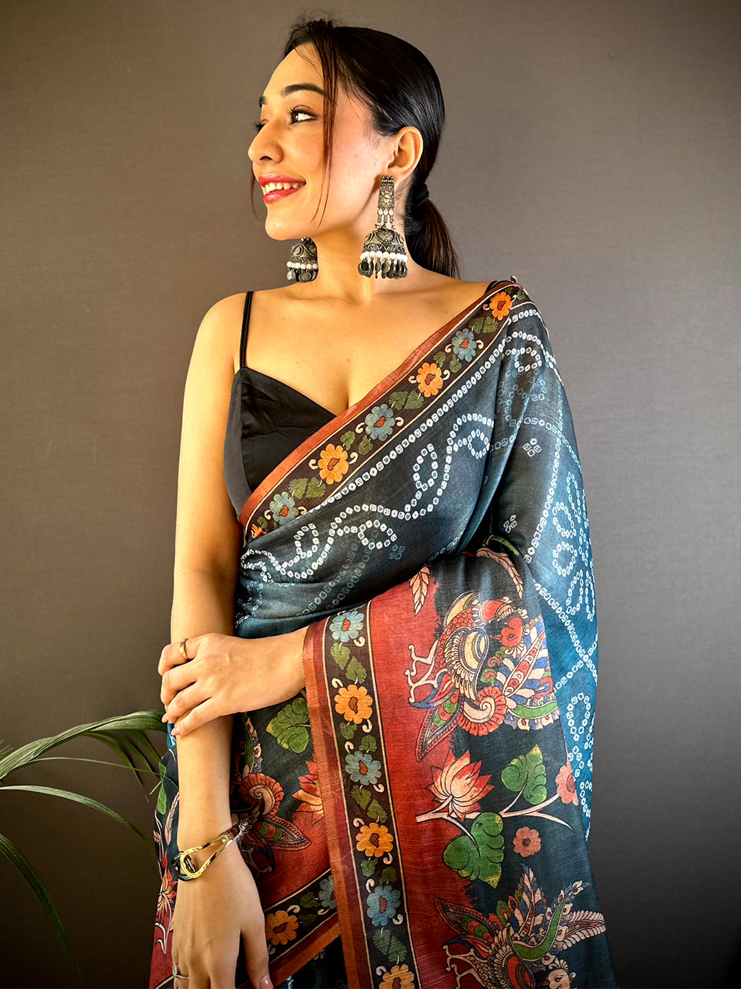 Blue Tissue Bandhej Kalamkari Saree