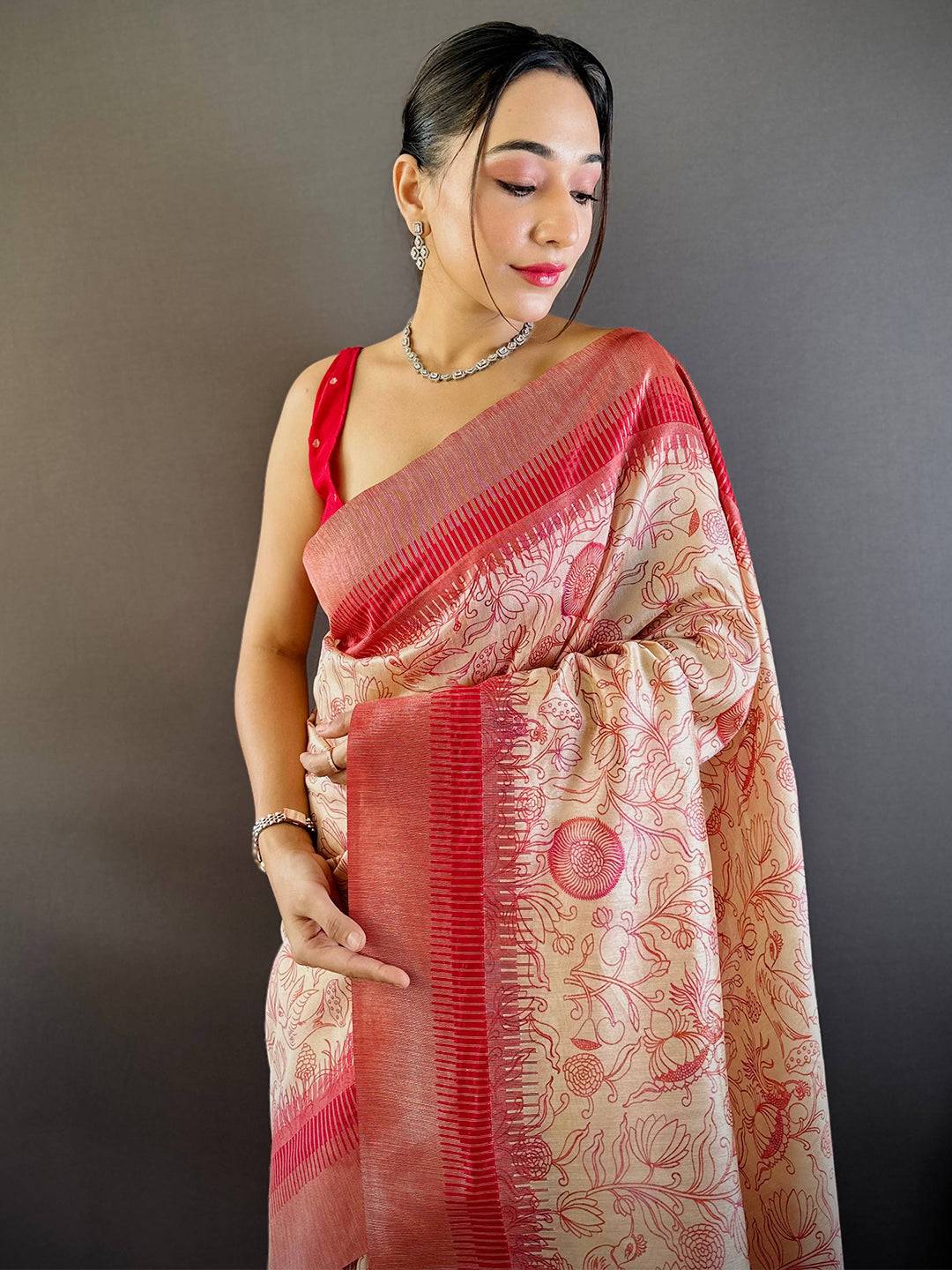 Pink Floral Tussar Silk Saree