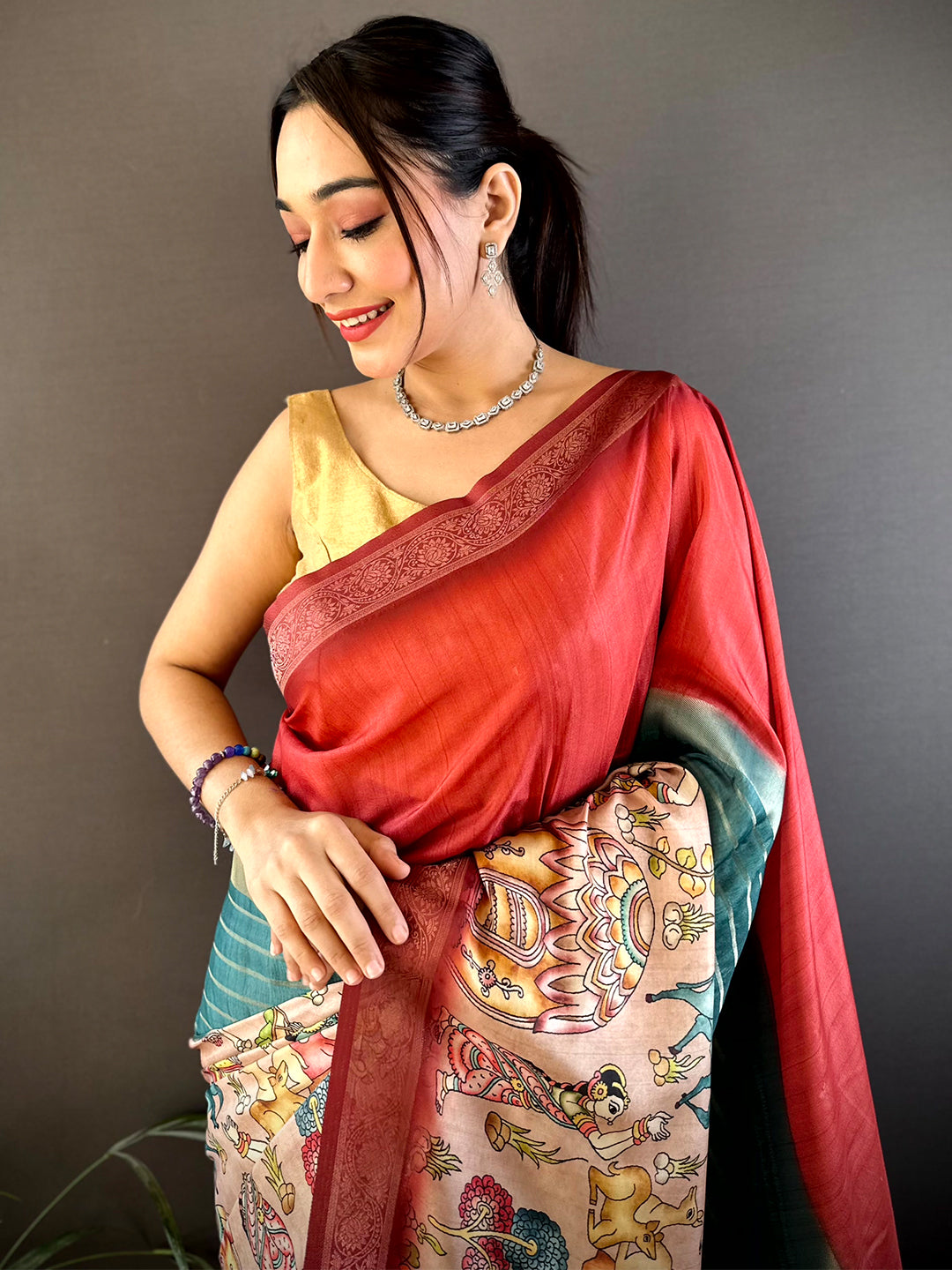 Rose Red Kalamkari Ombre Soft Silk Saree