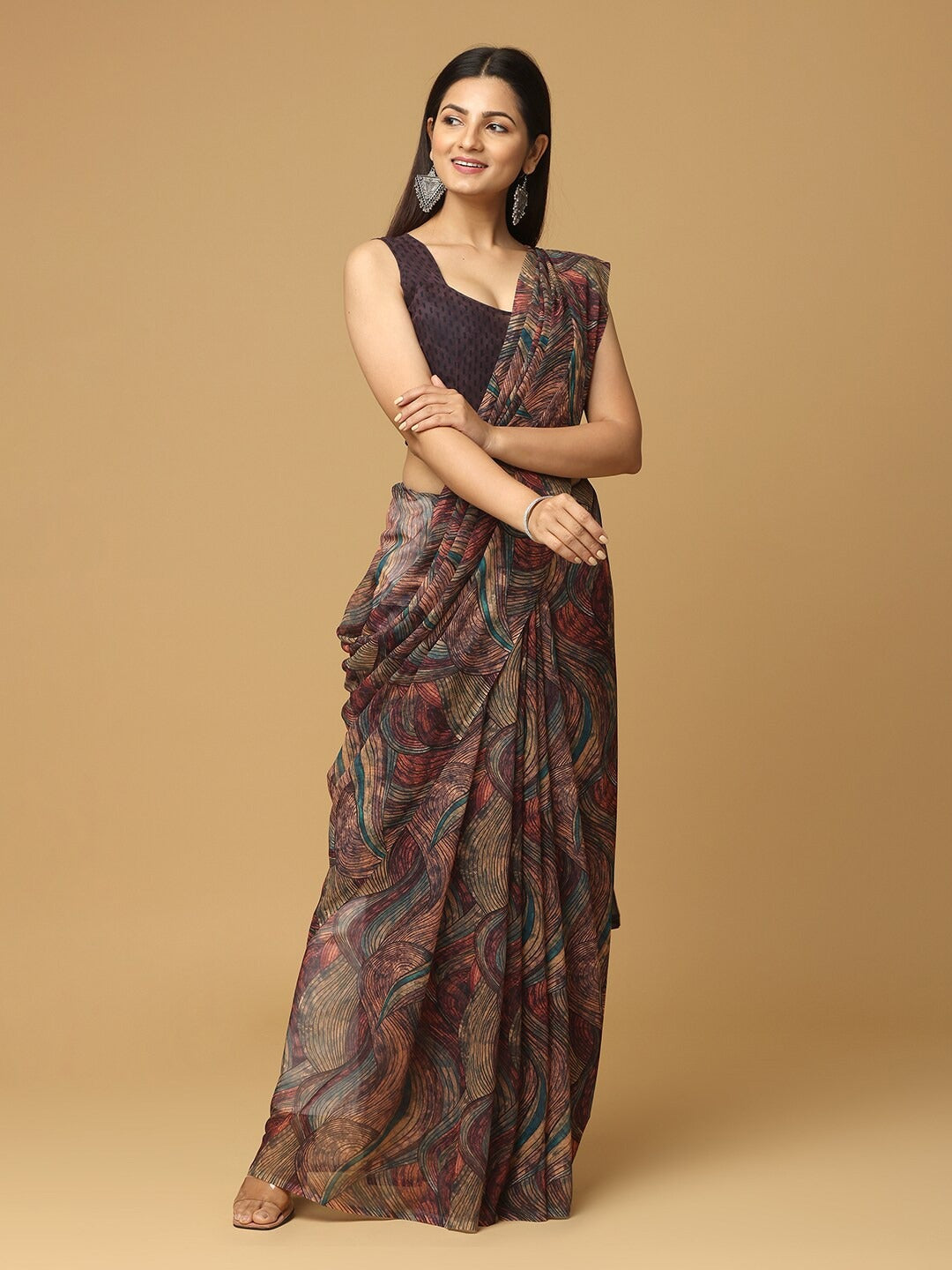  Geometric Printed Coffee Brown Poly Georgette Saree