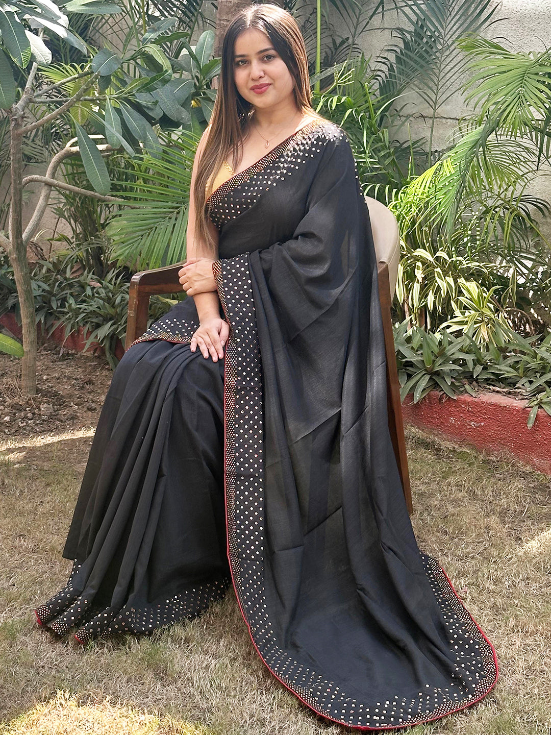 Black colour Vichitra Silk Saree With Embellish Swarovski Stone work