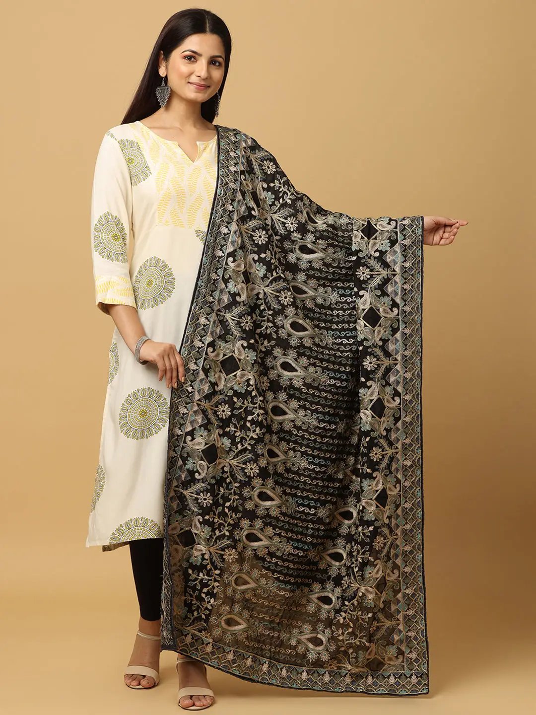 Black chiffon dupatta with intricate threadwork design.