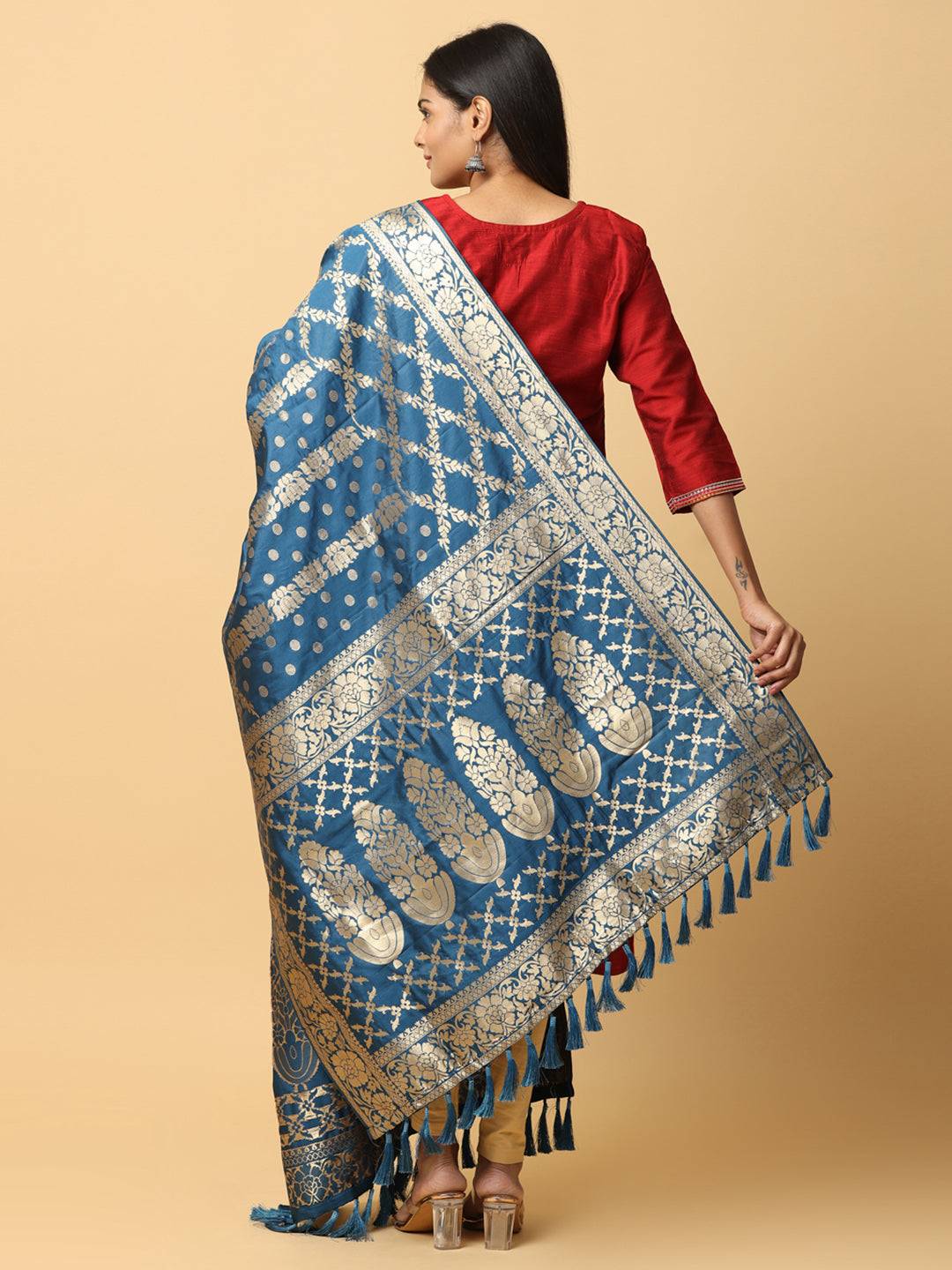 Back view of silk blend woven dupatta with elegant patterns.