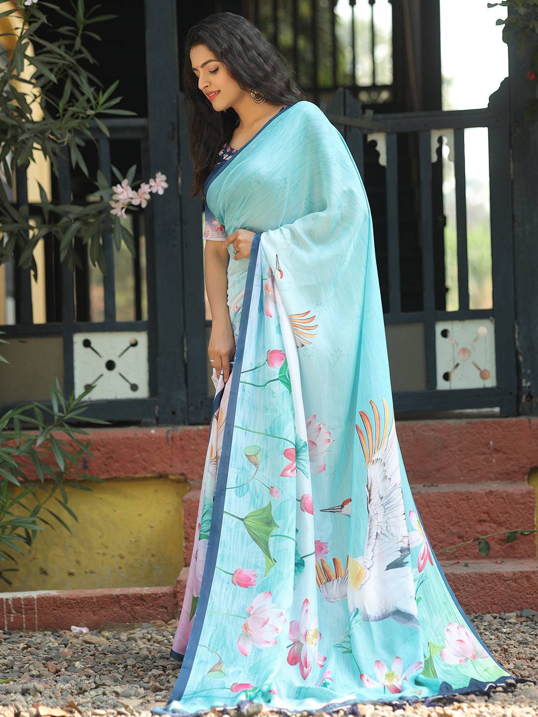 Beautiful Satin Georgette Aqua Colour Hand Print Saree