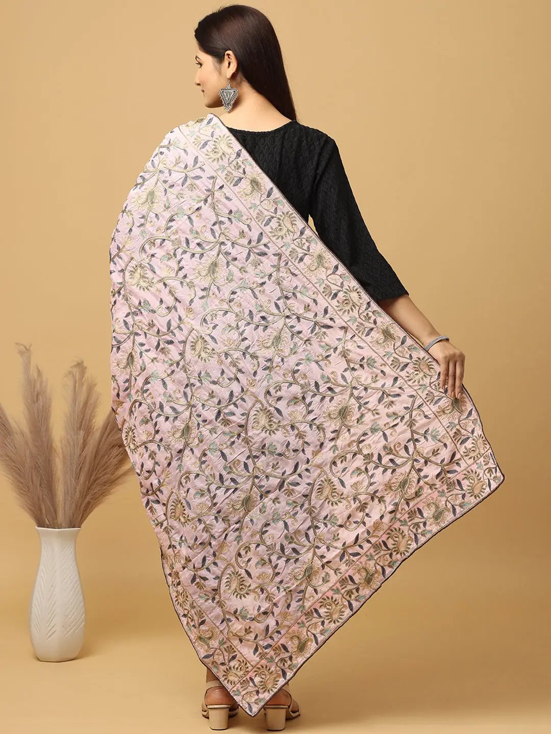 Back view of pink chiffon dupatta with floral embroidery