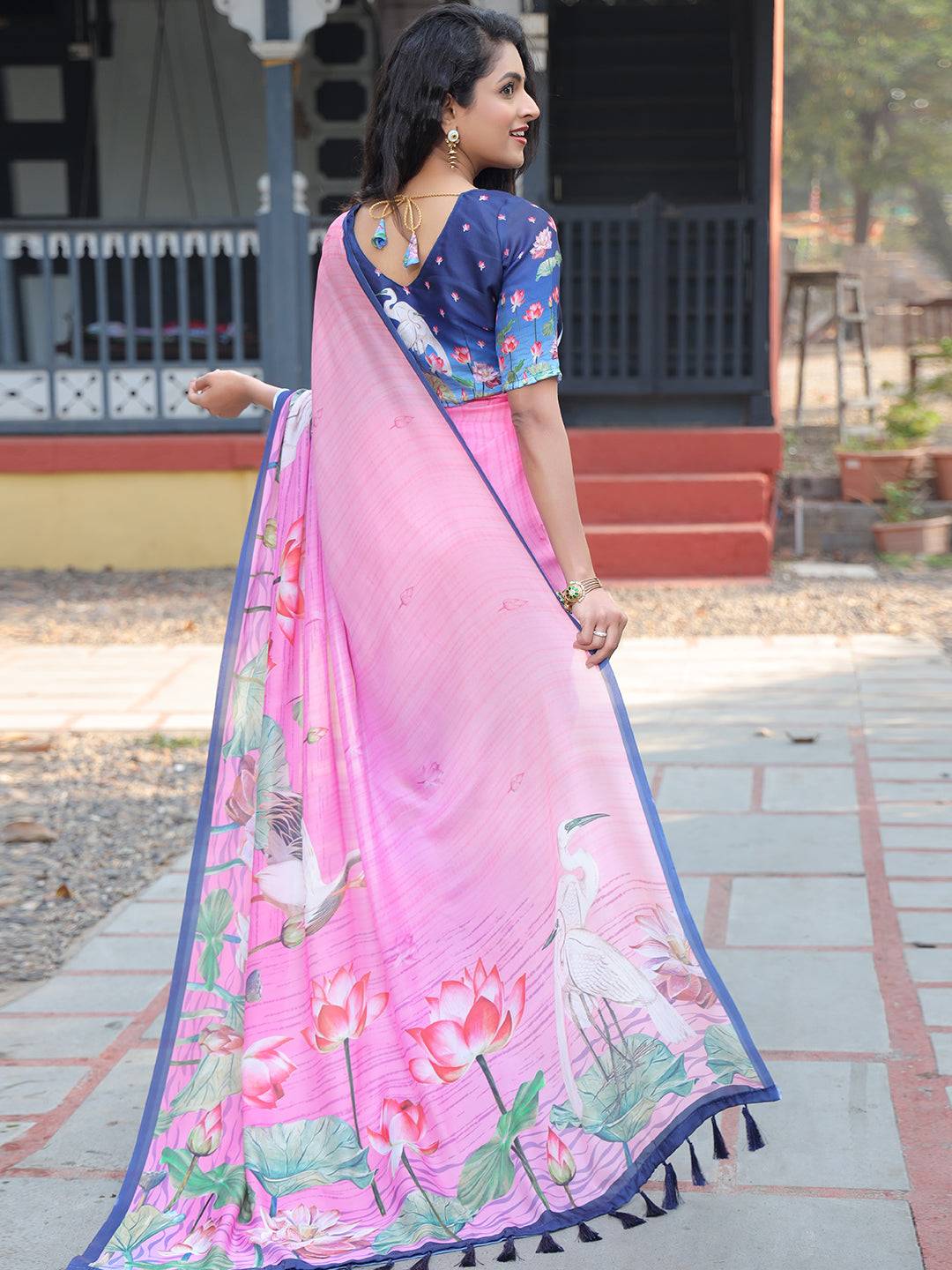 Exclusive Satin Georgette Dark Pink Colour Hand Print Saree