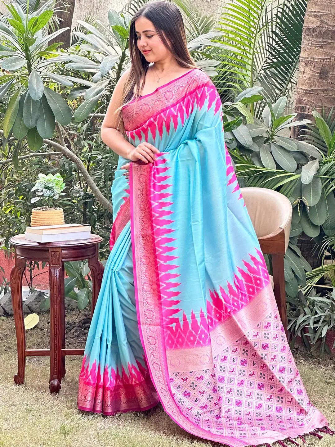 Beautiful Banarasi silk saree featuring pink and blue jacquard patterns