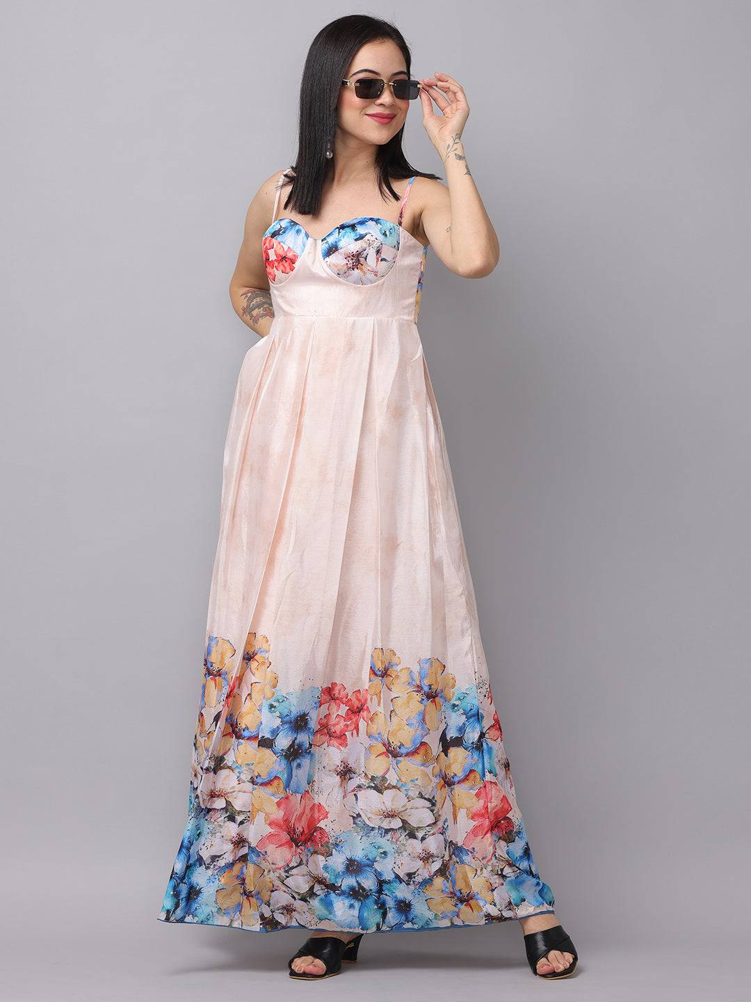 Elegant cream floral dress with vibrant print