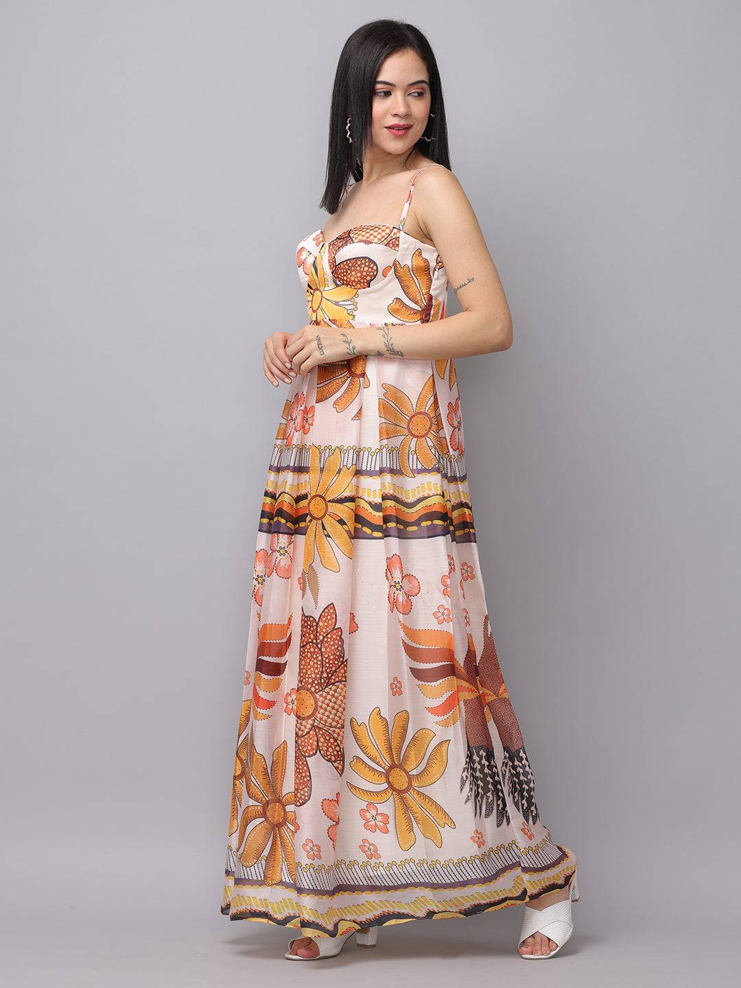 Off white chiffon print dress with floral design, side view