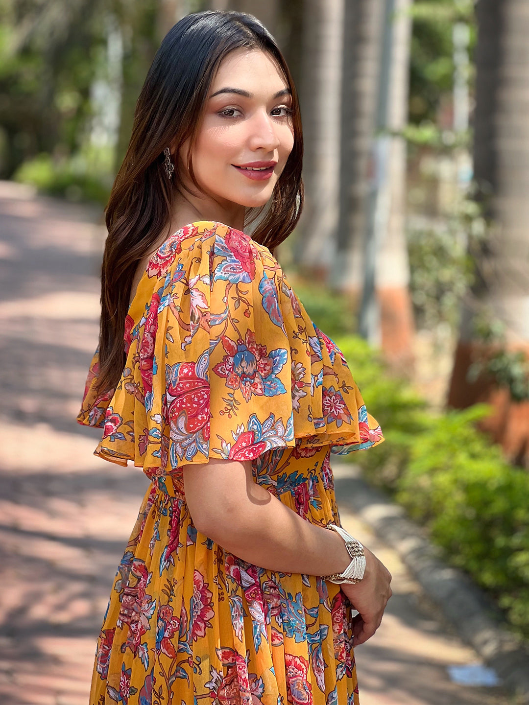 Side view of Honey Yellow Chints Flower Dress