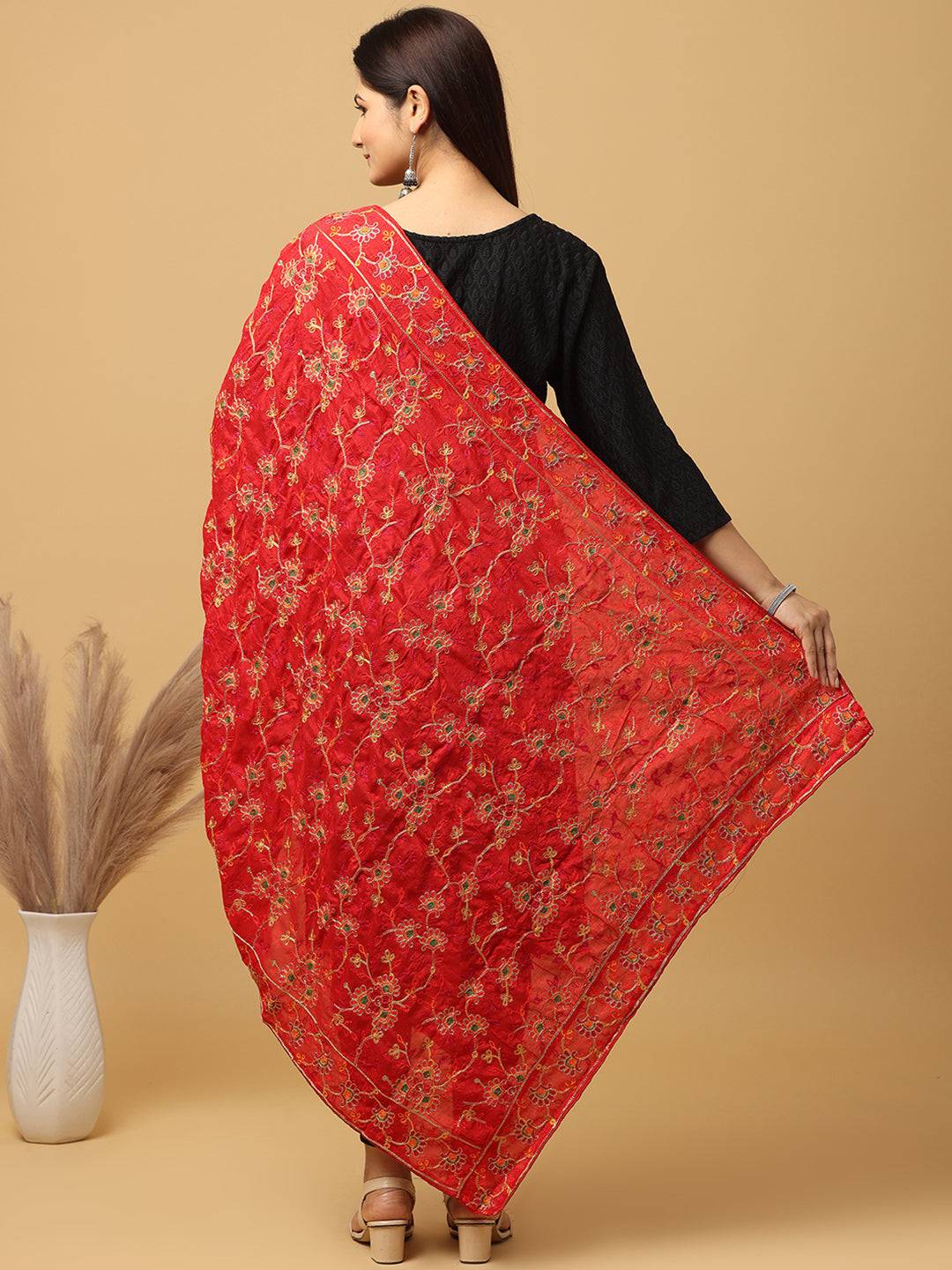 Red Colour Poly Chiffon Pashmina Threadwork Dupatta