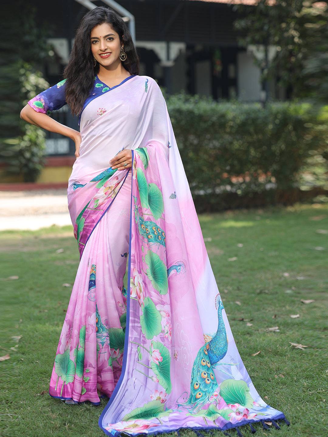 Exclusive Satin Georgette Pink Colour Hand Print Saree