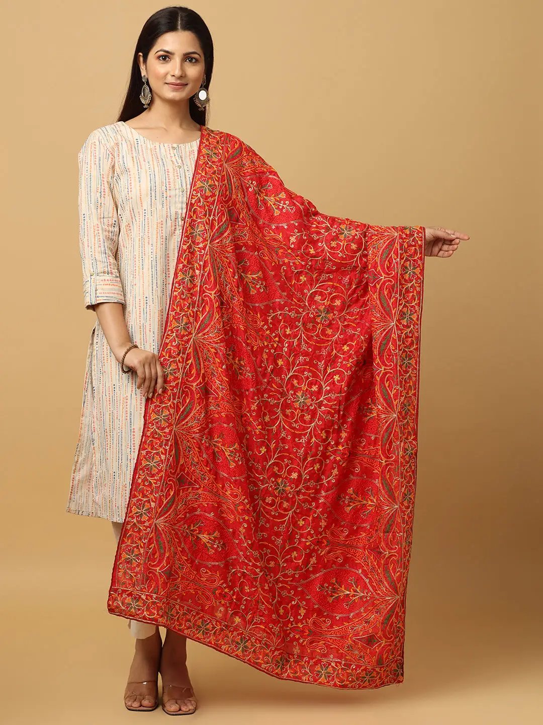 Red Poly Chiffon Pashmina Dupatta with Threadwork