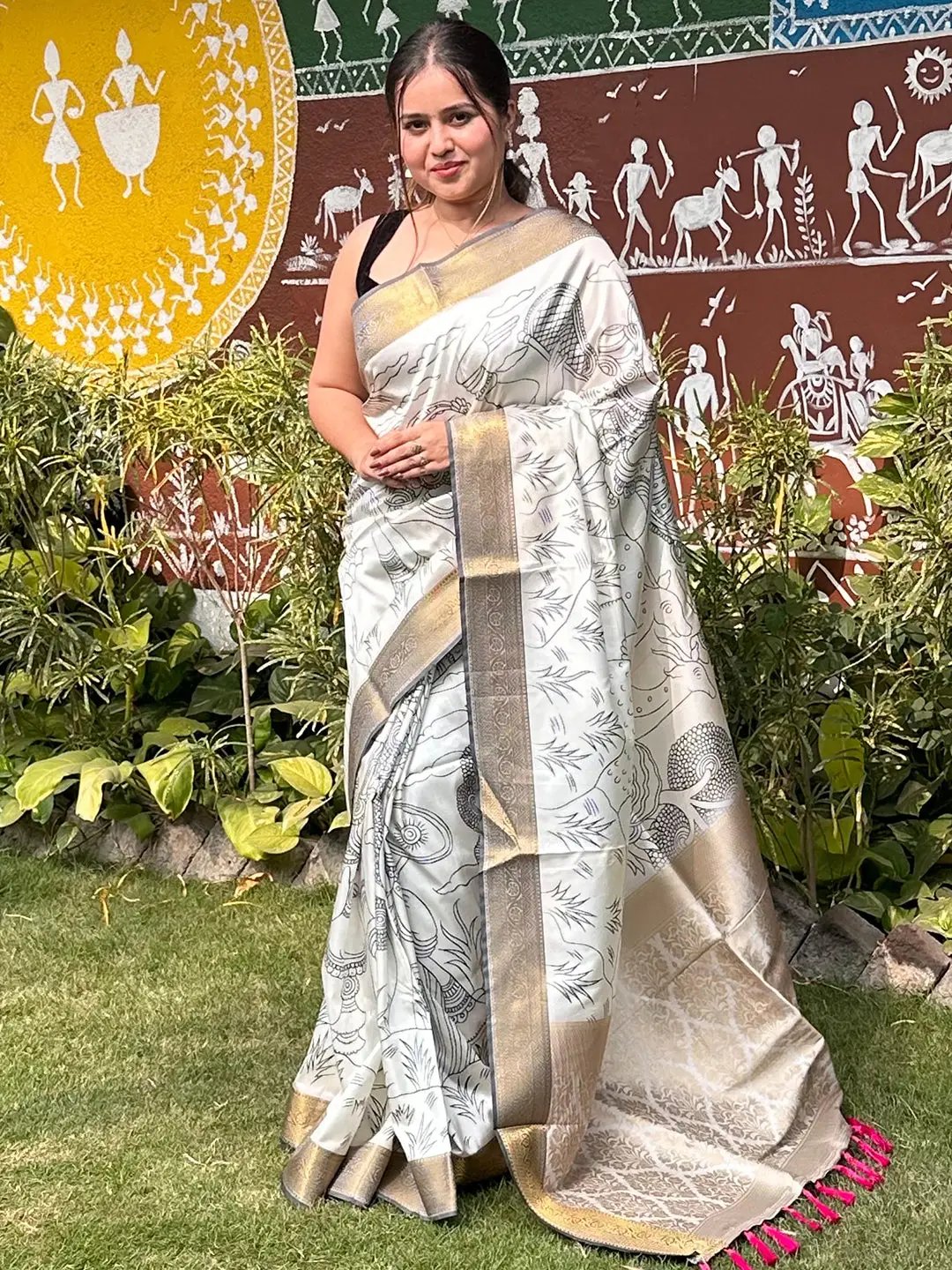 Traditional Kalamkari saree featuring detailed block prints