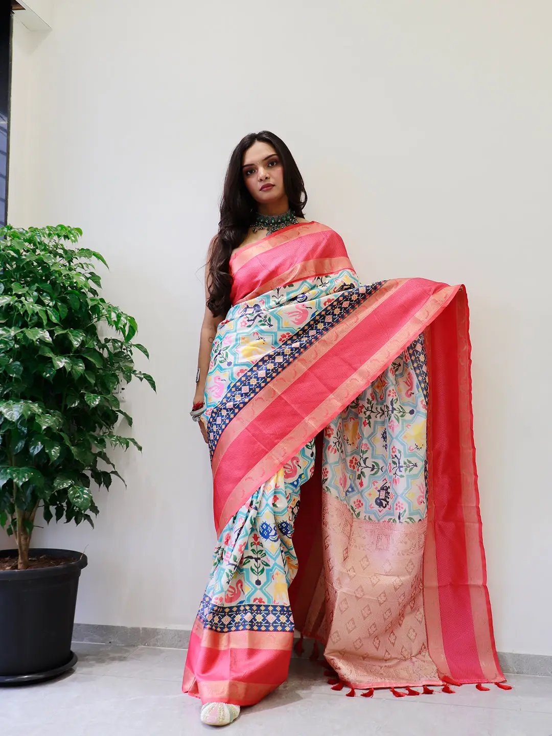 Soft silk Gadwal saree with vibrant Pochampally print