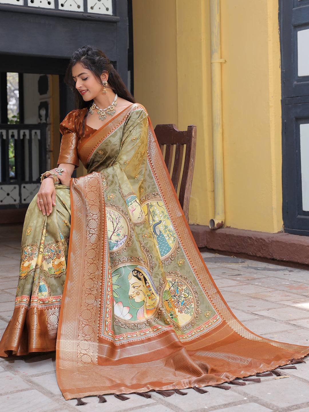  Olive Viscose Dola Silk Saree With Zari Weaving Pallu