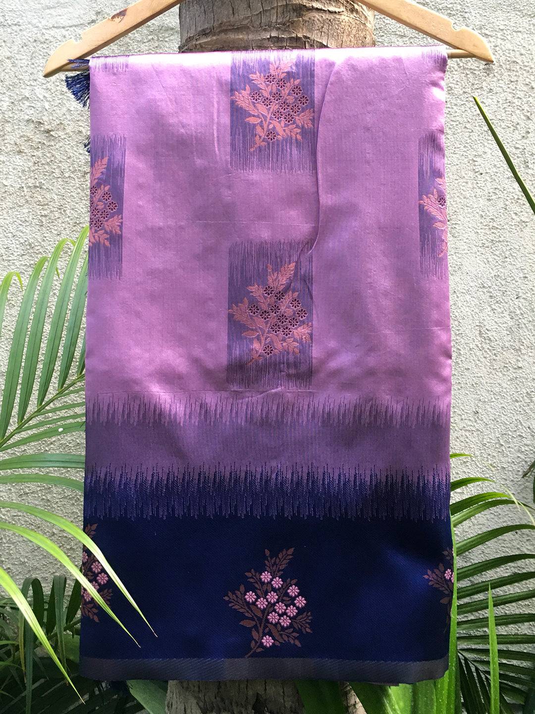 Violet Sami Banarasi Tussar Silk Saree draped on hanger