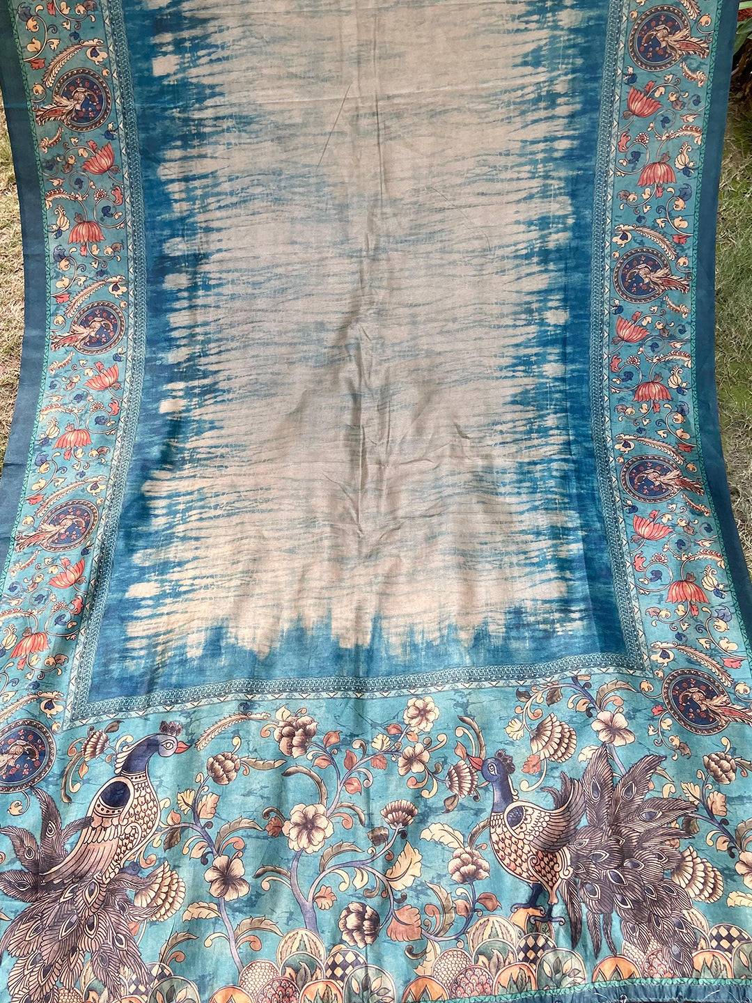 Intricate Kalamkari Border on Blue Tussar Silk Saree