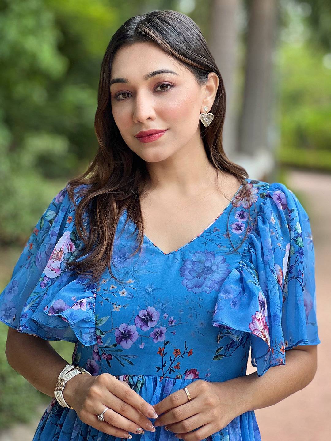 Close-up of Orchid Blue Dress with floral details