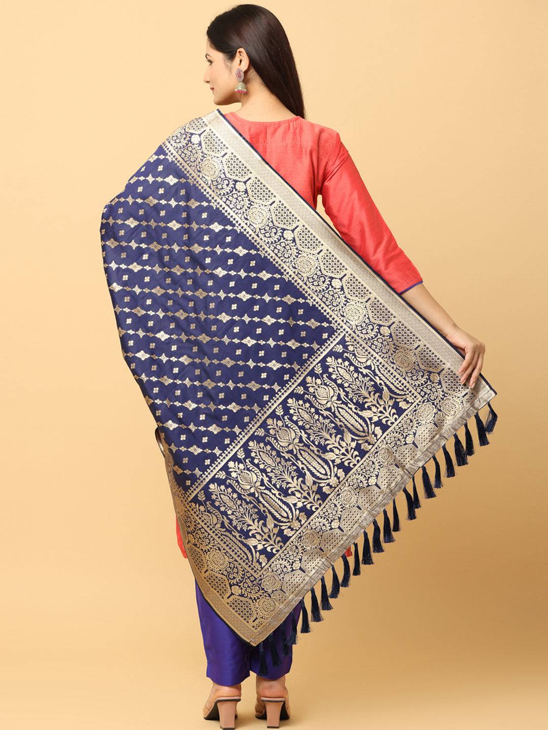 Back view of navy silk blend dupatta with intricate woven design