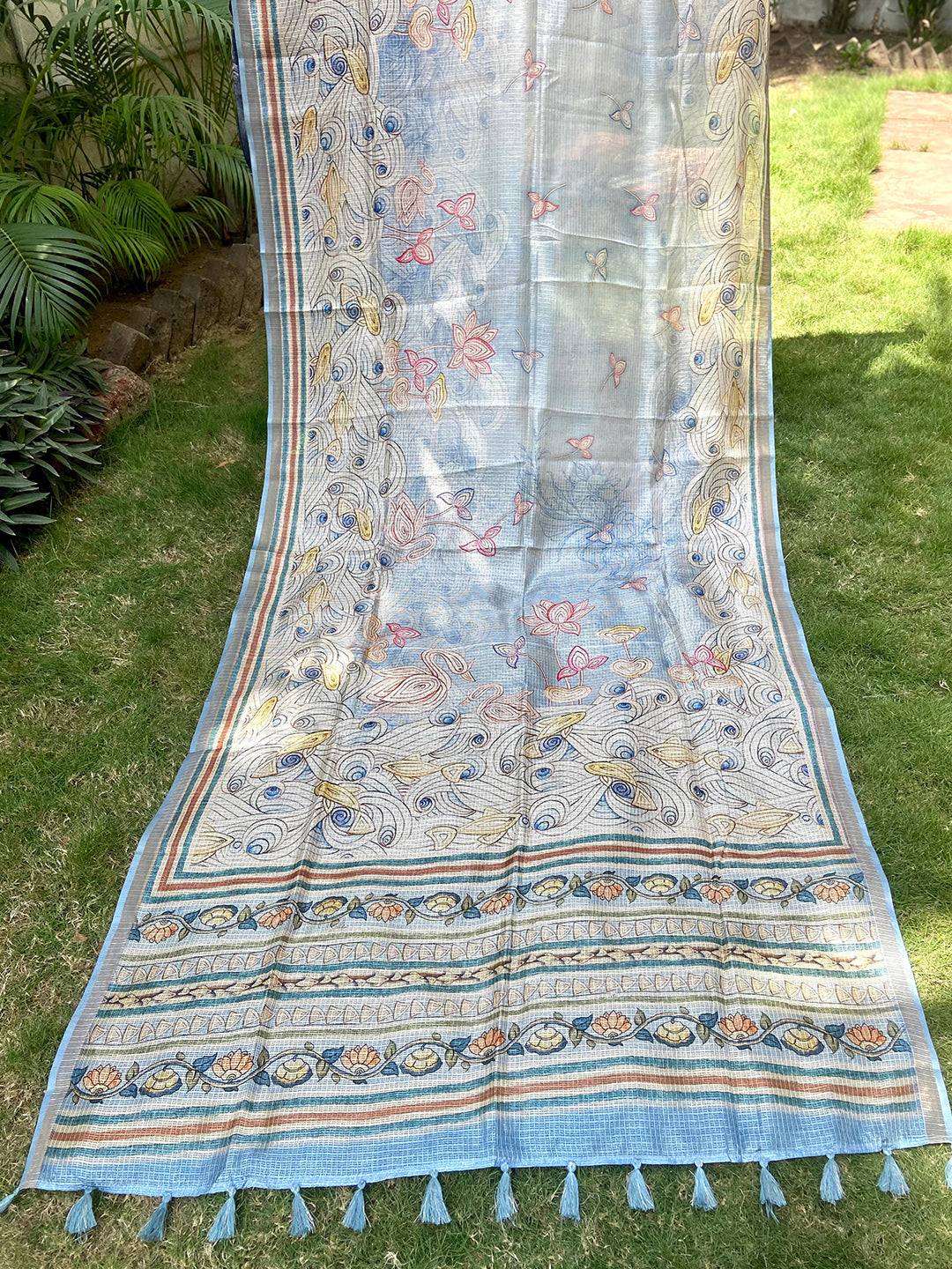 Sky Blue Kota Doriya Silk Saree With Flower Kalamkari Print