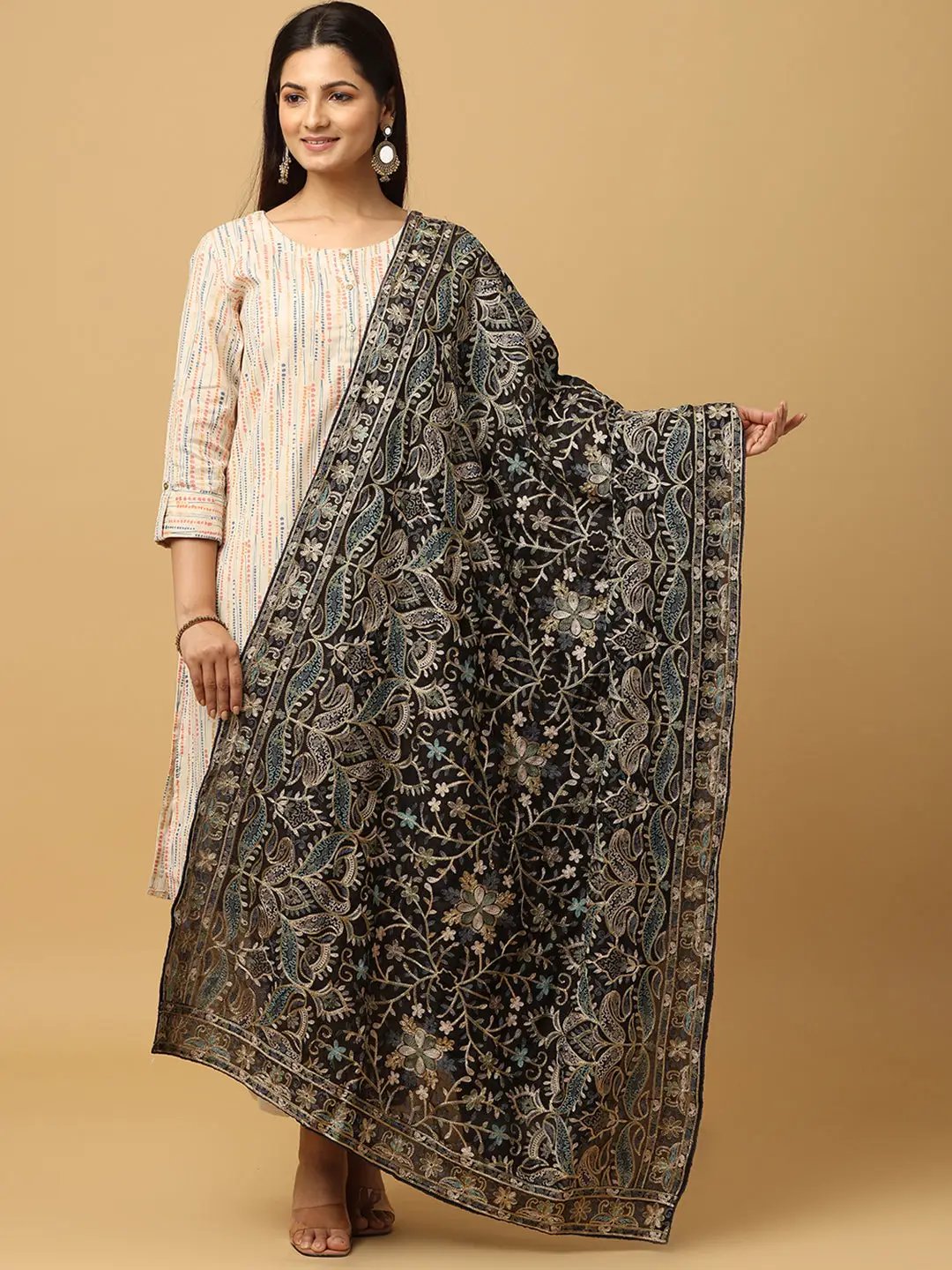 Elegant black poly chiffon dupatta with intricate threadwork