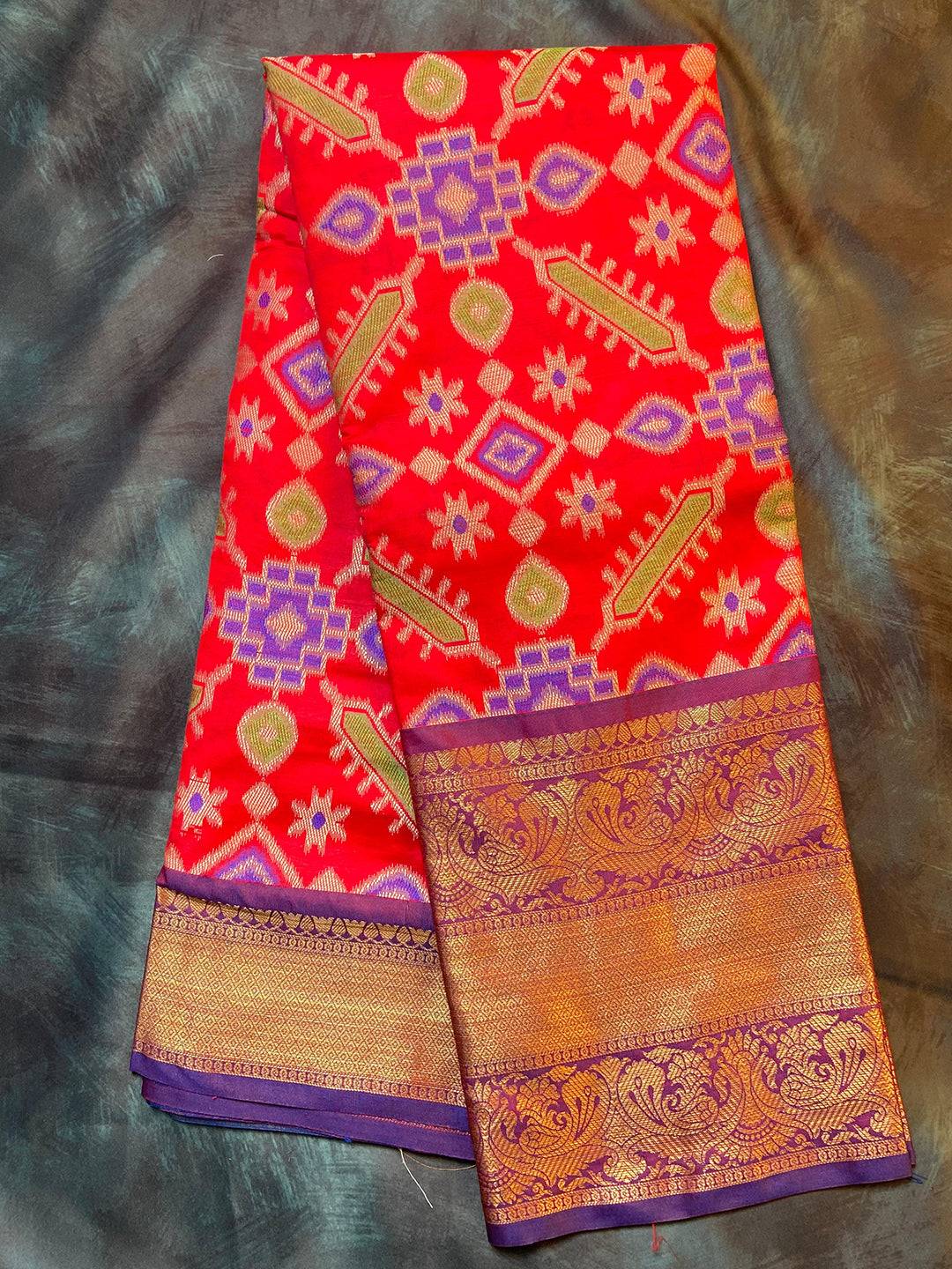 Crimson Red Minakari Ikkat Print Saree