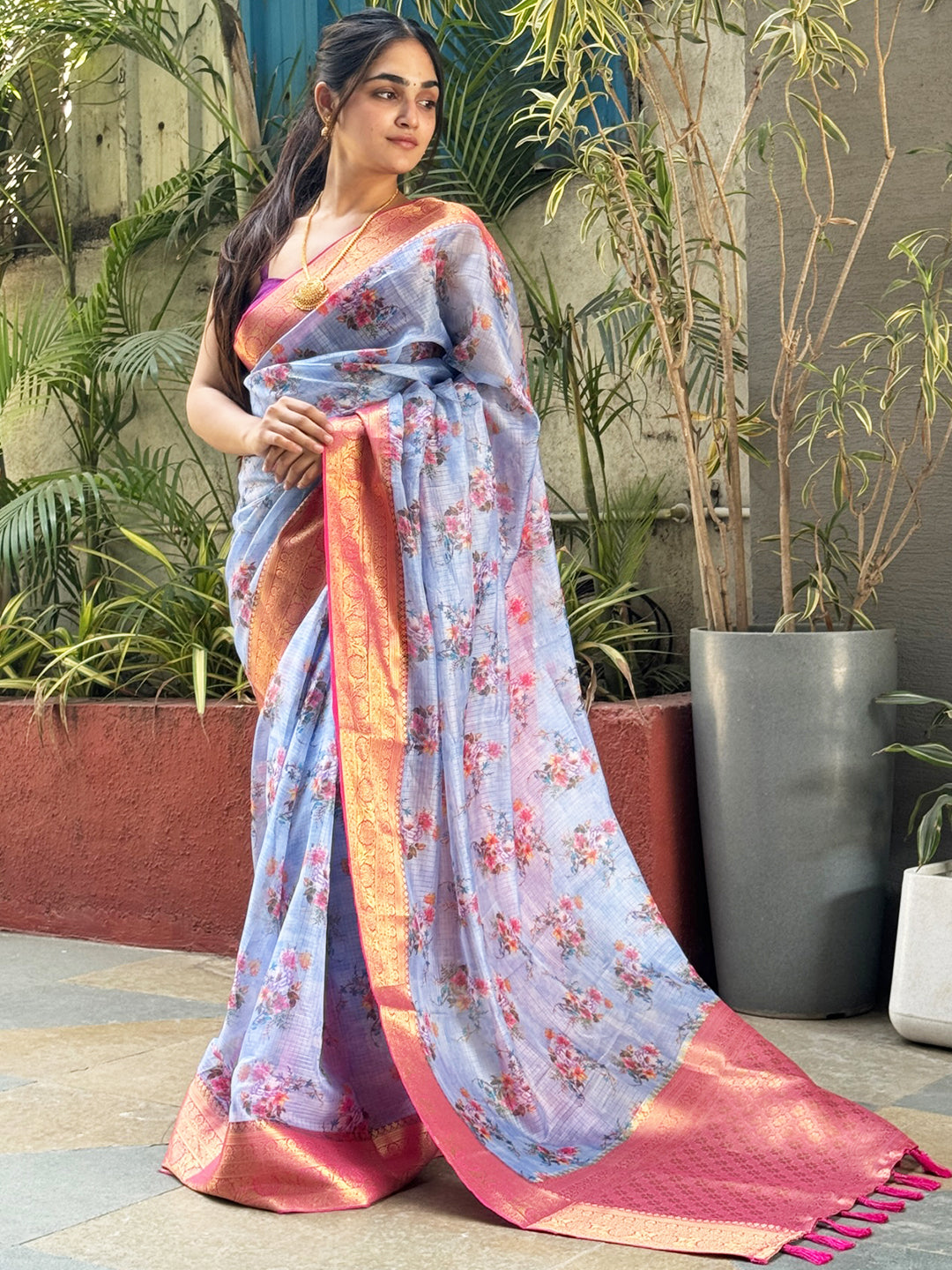 Traditional light purple Kota silk saree with floral design