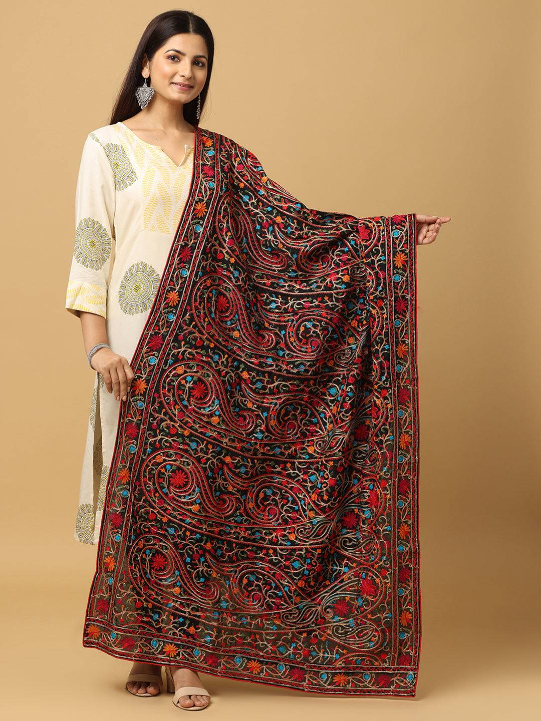 Black poly chiffon dupatta with colorful pashmina threadwork