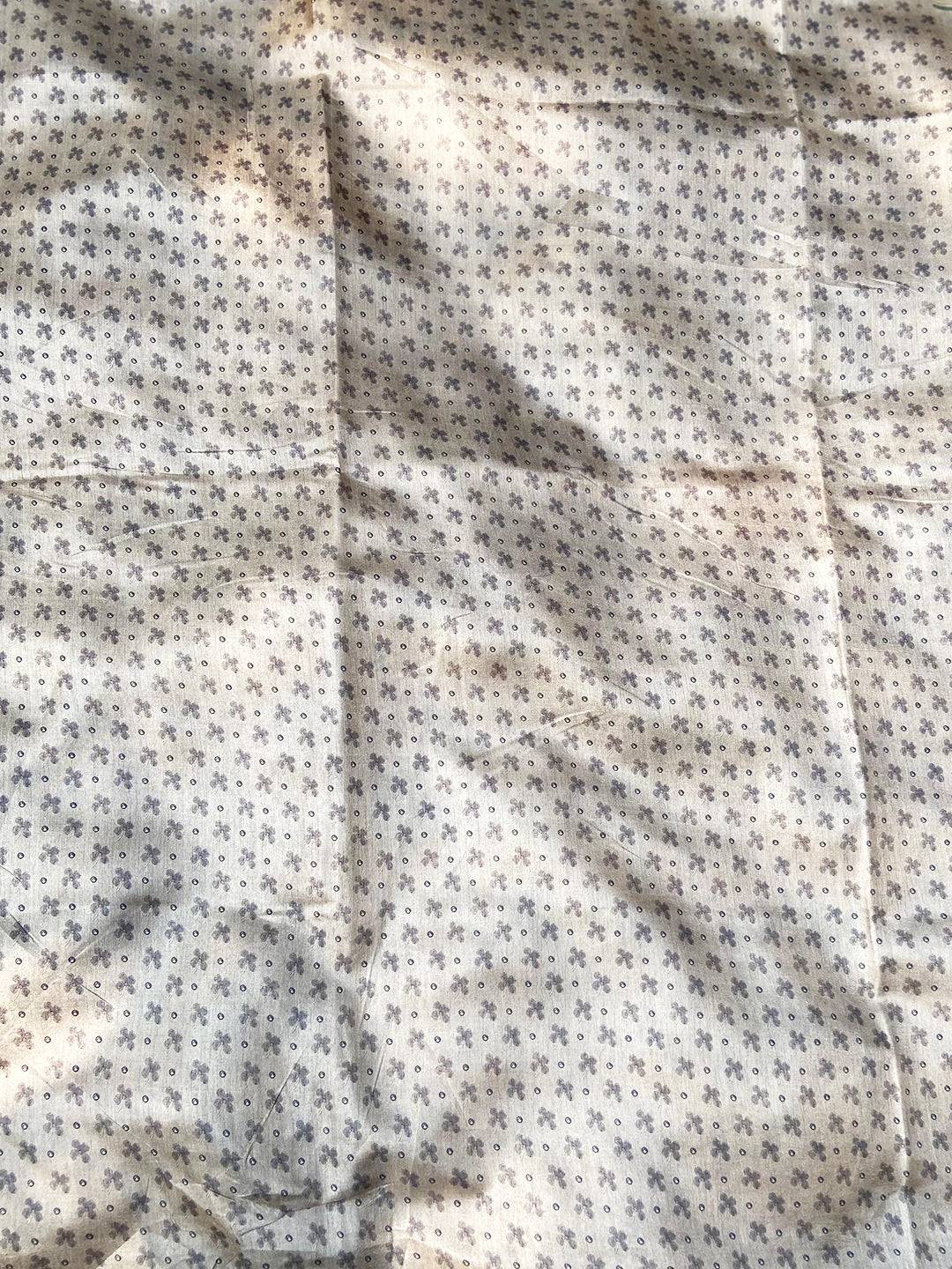 Close-up of Patterned Fabric on Grey Kalamkari Saree