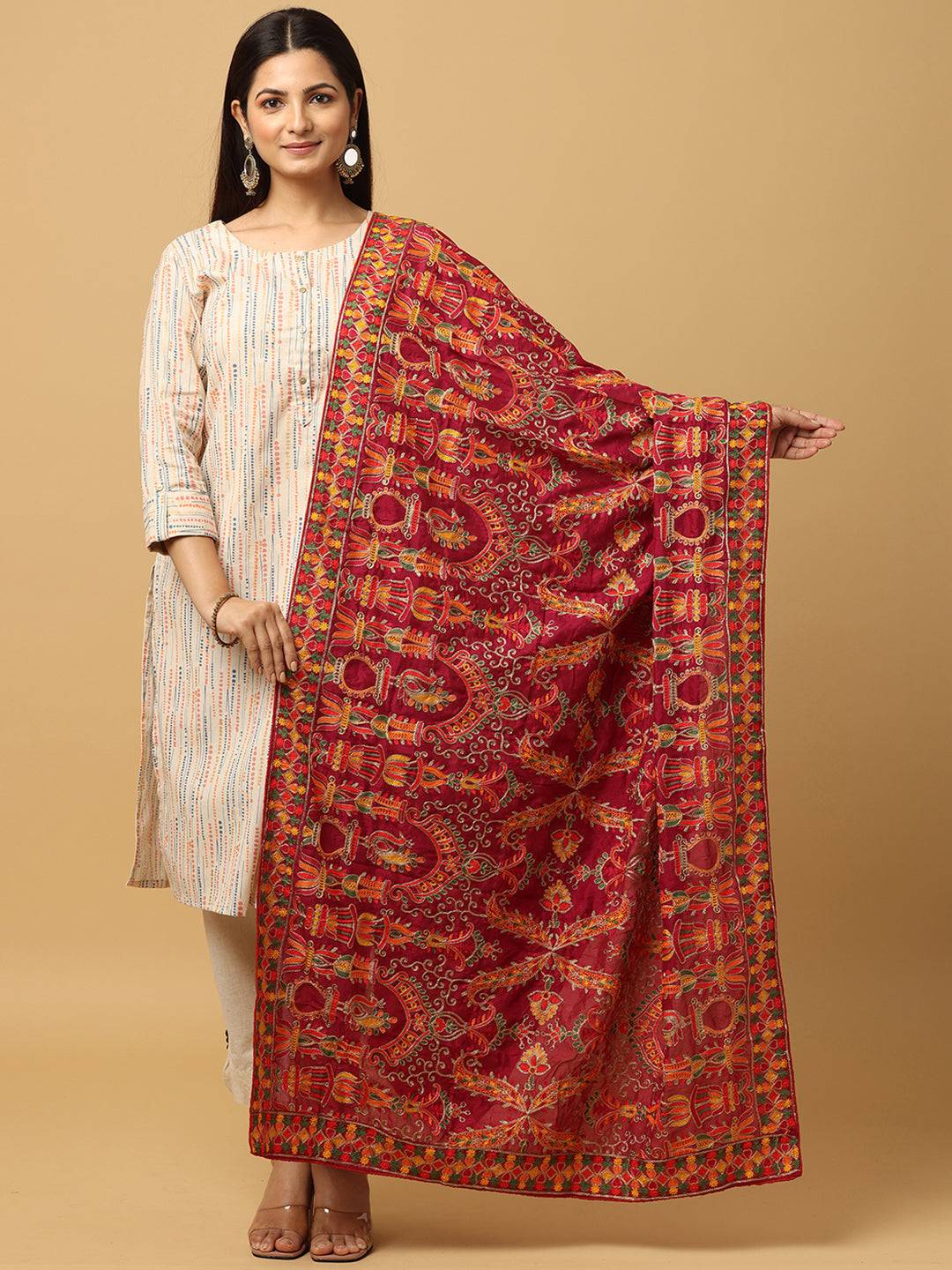 Wine colour poly chiffon pashmina dupatta with threadwork