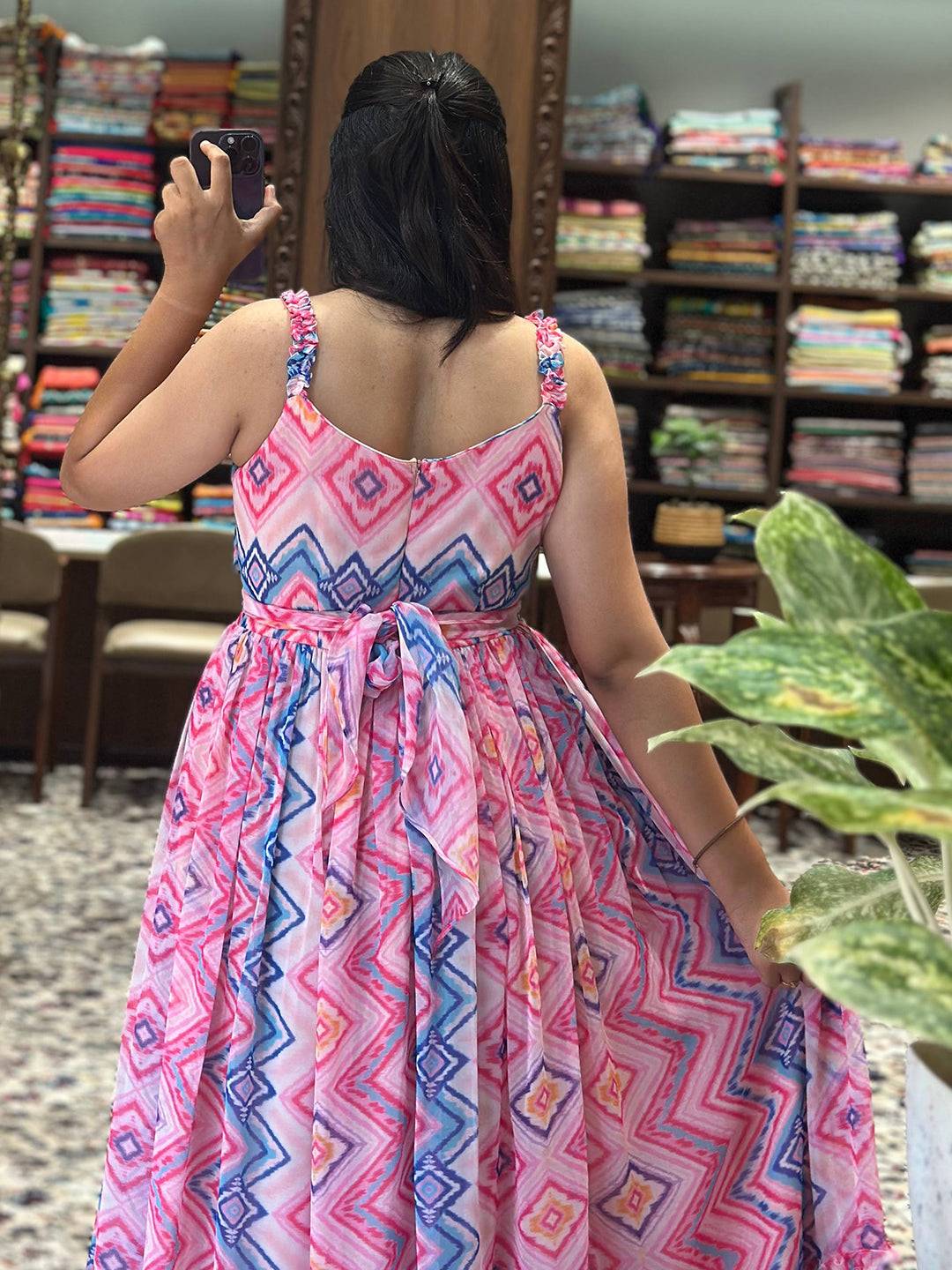 Back view of Primrose Pink Paan Neck Dress