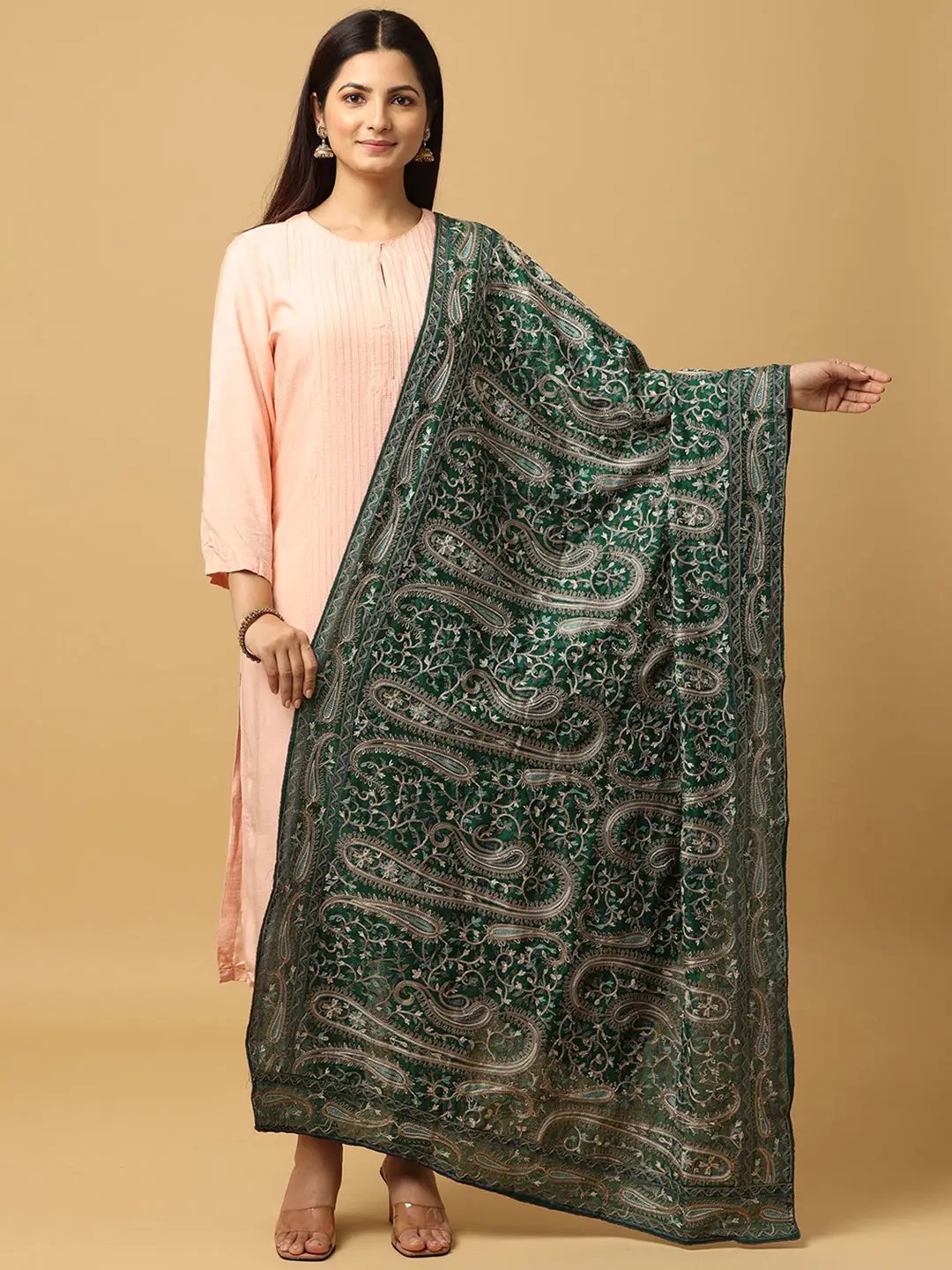 Green Poly Chiffon Pashmina Dupatta with Threadwork