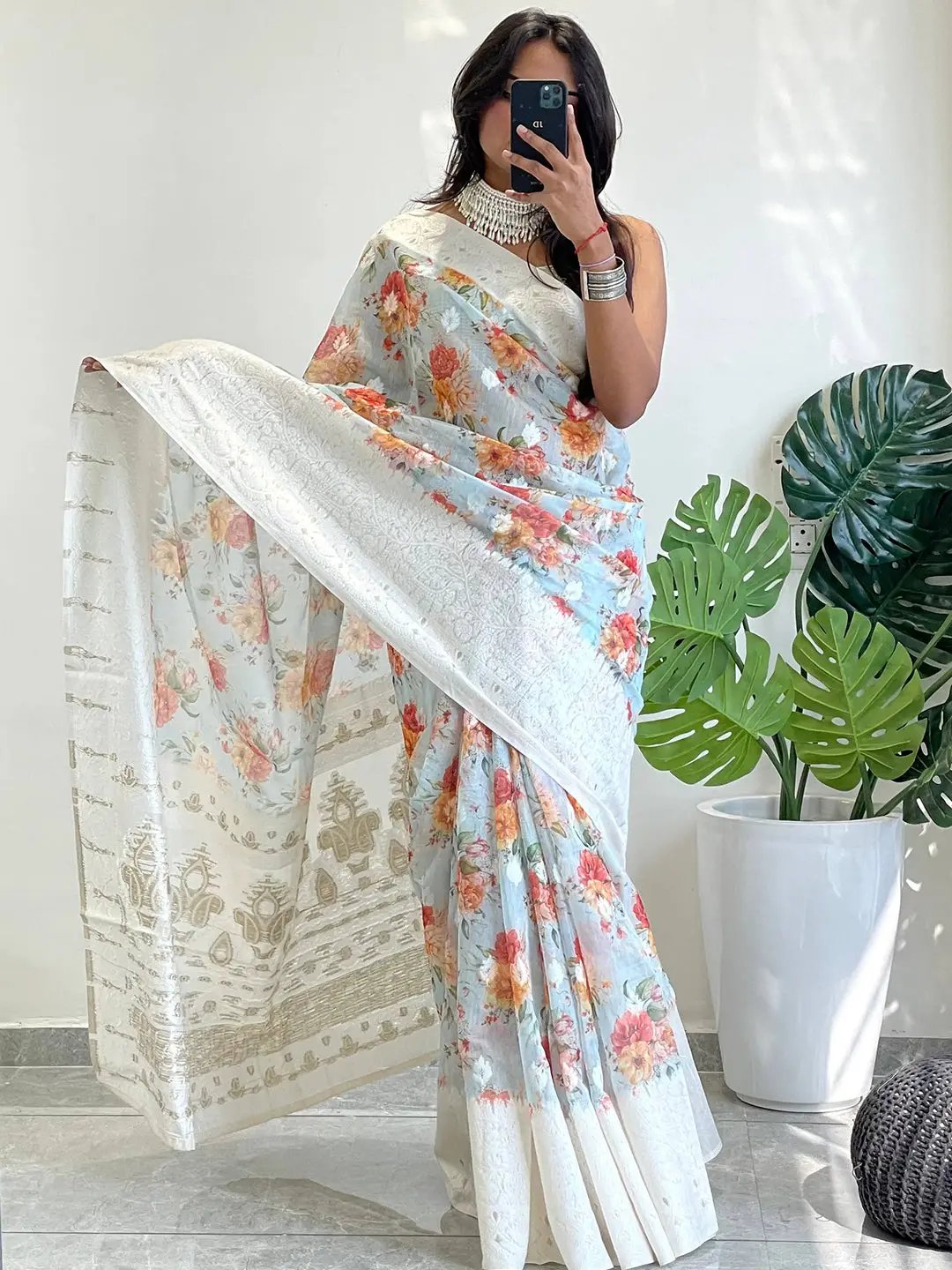 Multi-color floral print saree with intricate patterns