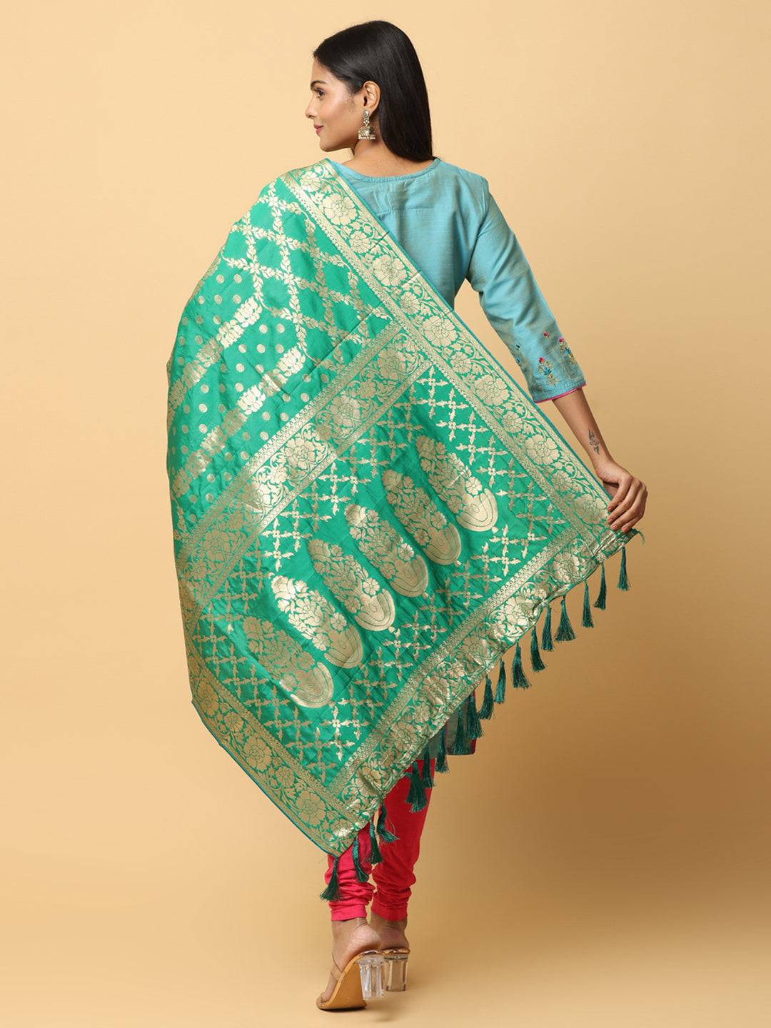 Back view of green silk blend dupatta with intricate woven patterns