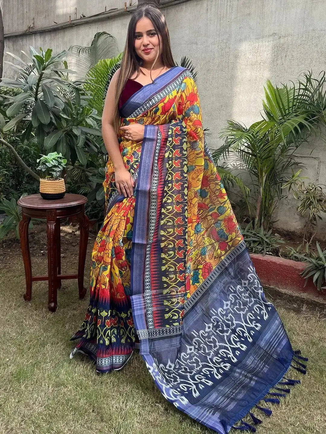 Traditional Floral Ikkat Saree for festive occasions